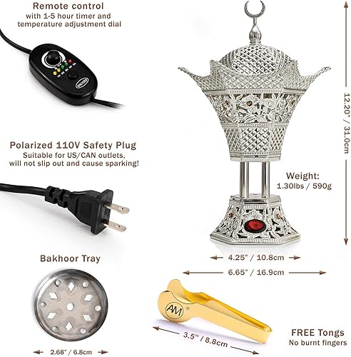 Miniatura 2 de AM Regulator - Quemador de incienso eléctrico, quemador de resina de incienso Oud con temporizador ajustable, Hilal (plateado)