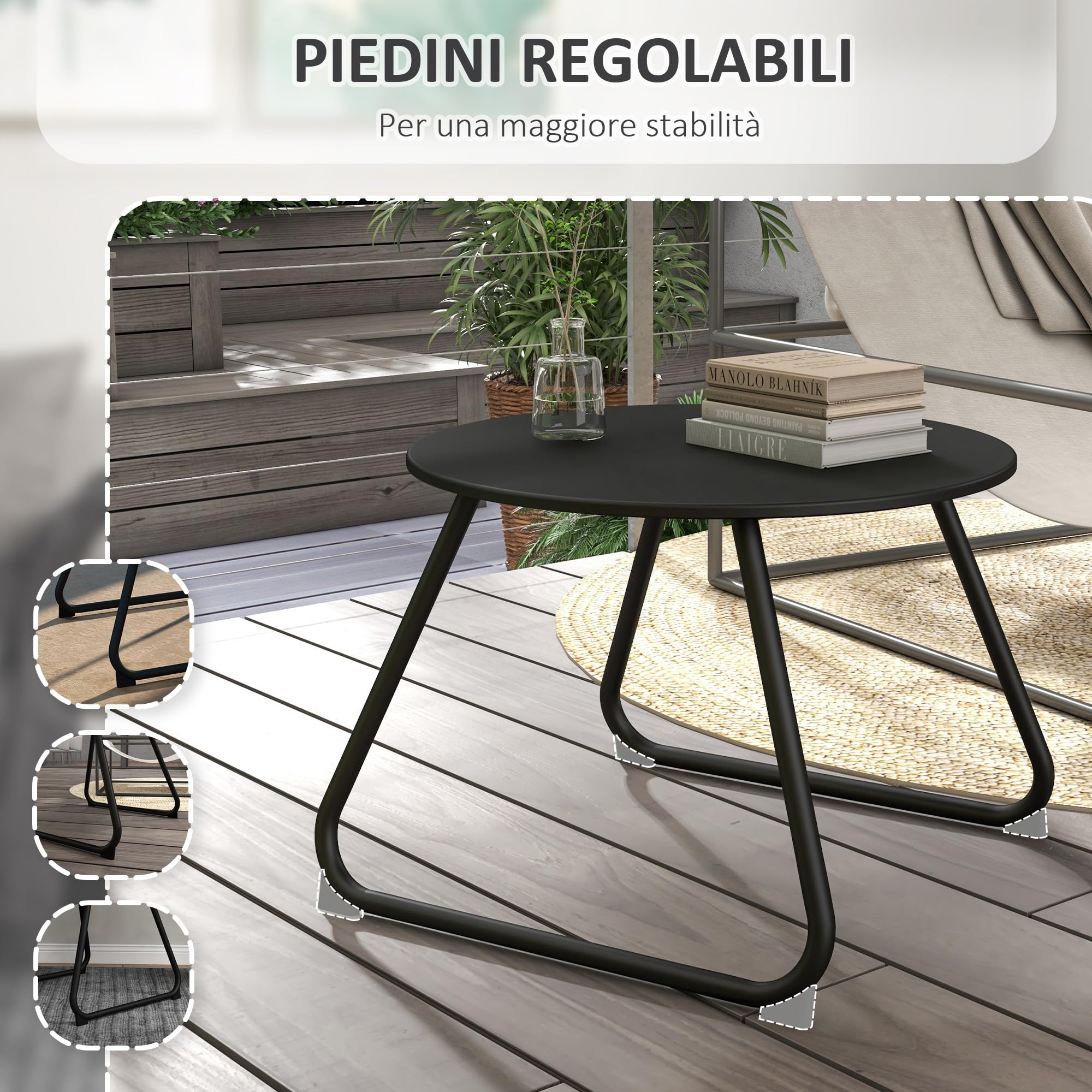 Outsunny Tavolino da Esterni Ø48x37 cm Metallo Nero Piedini Regolabili