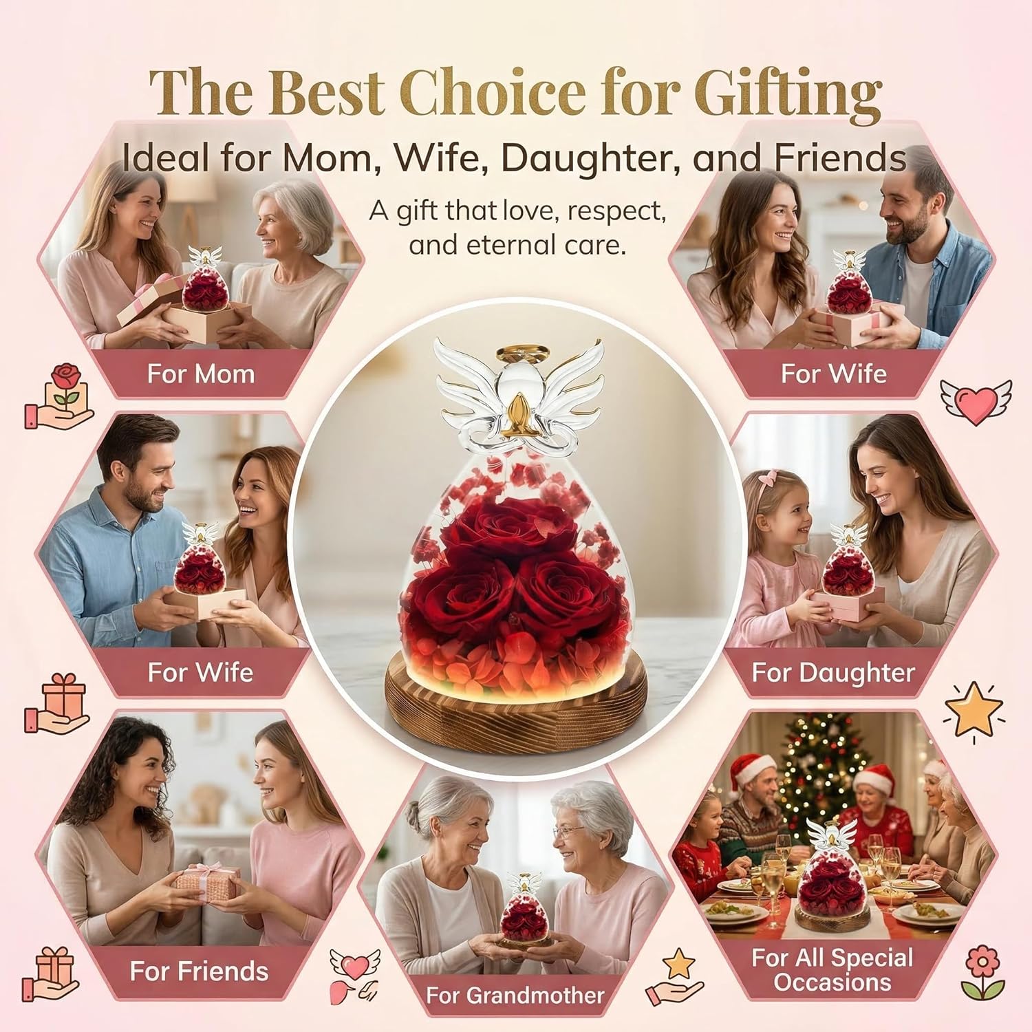 Preserved Red Rose Glass Angel Figurine - Forever Eternal Flowers in Glass Dome - Birthday Valentine Gift for Women Mom - Anniversary Wedding Present - Romantic Red Roses Angel Statue