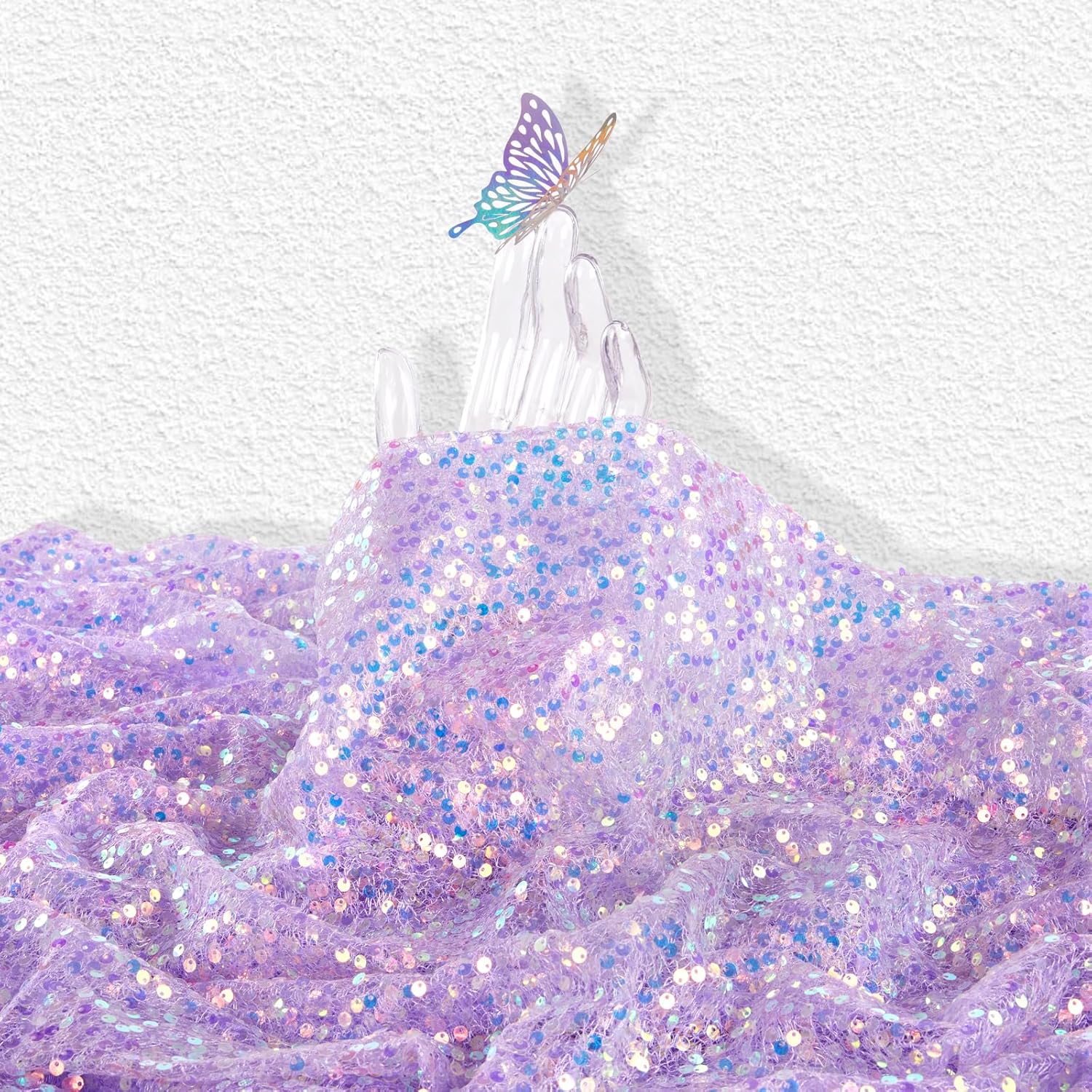 QueenDream Sequin Fabric by The Yard 5MM Iridescent Glitter Mesh Embroidery 5 Yard Purple Sparkly Fabric for Sewing Custom Clothe Dress Mermaid Table Decor Wedding DIY Crafts Decorations