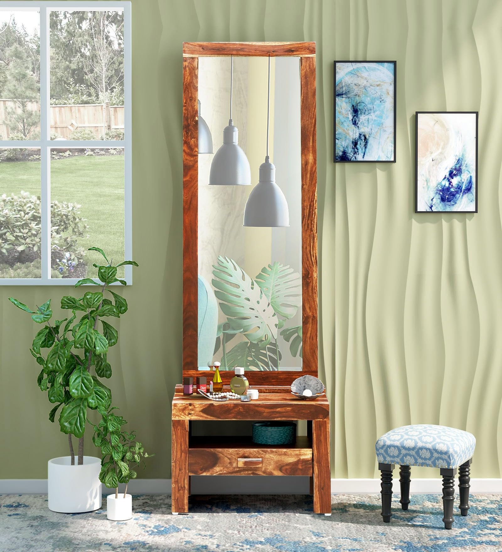 Wood Dressing Table with Mirror and Storage, Dressing Table Bedroom Furniture, Dressing with Drawer and Shelve, Makeup Vanity Dressing Table,Wooden Dressing Table, Natural Finish-picture-18