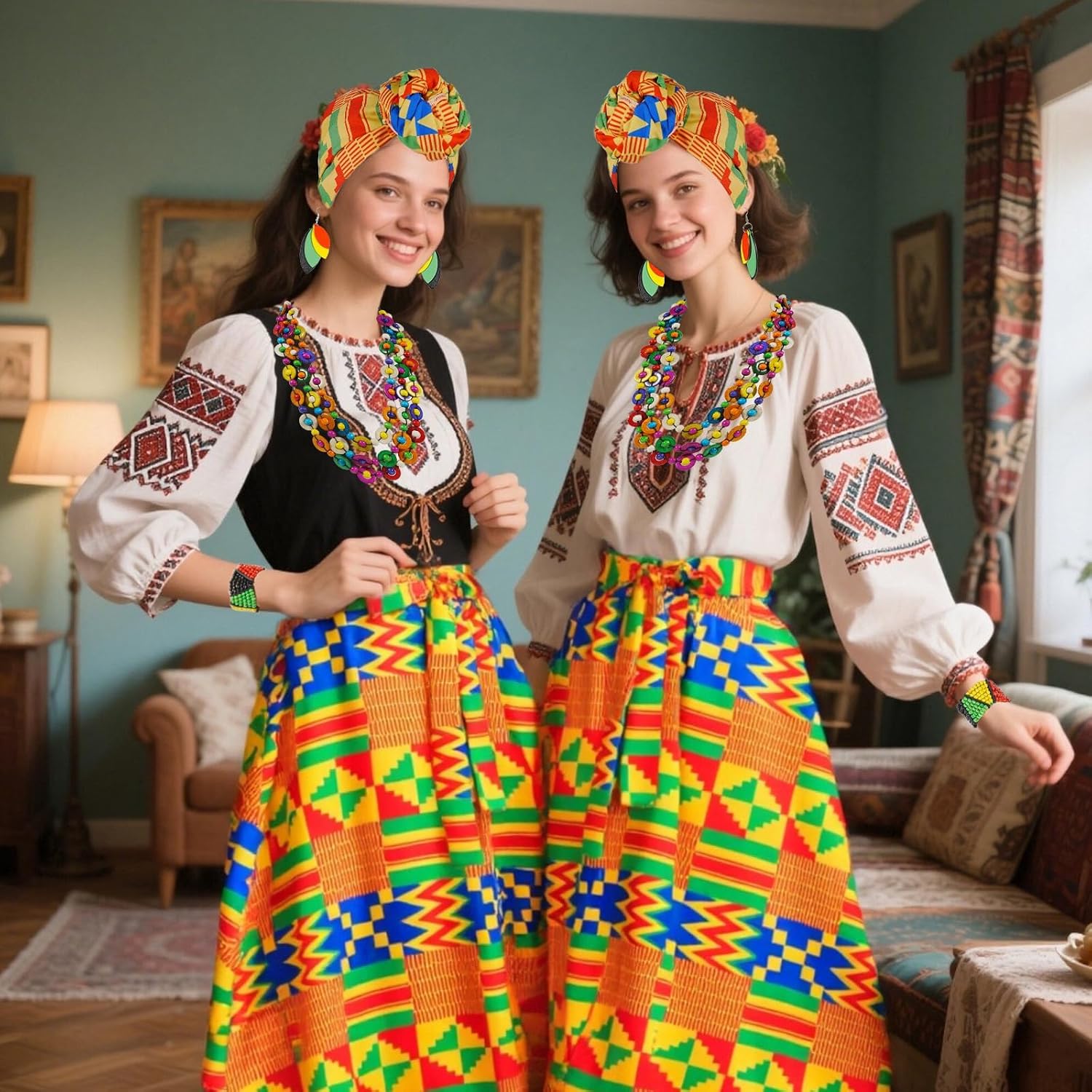 Simple polymer 6 Pcs Women African Ankara Dashiki Skirt Traditional Costume Set African Printed Maxi Skirt Maxi Skirt Head Wrap Earrings,M