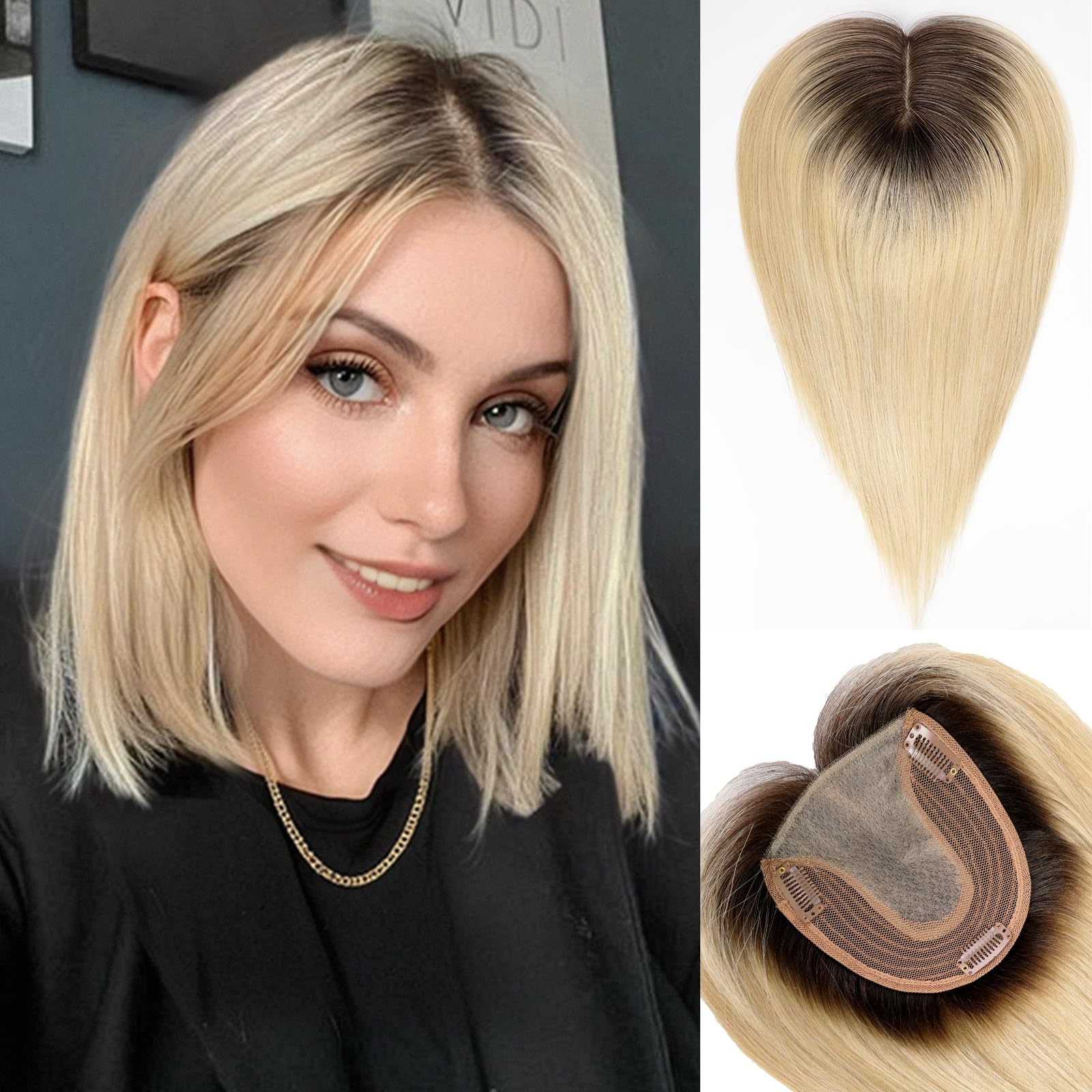 HAIRCUBE Hair Toppers for Women Real Human Hair No Bangs 5 * 5.5 inch Base 14 inch ombre Light Blonde Human HairTopper for Women with ThinningHair Cover Gray Ro