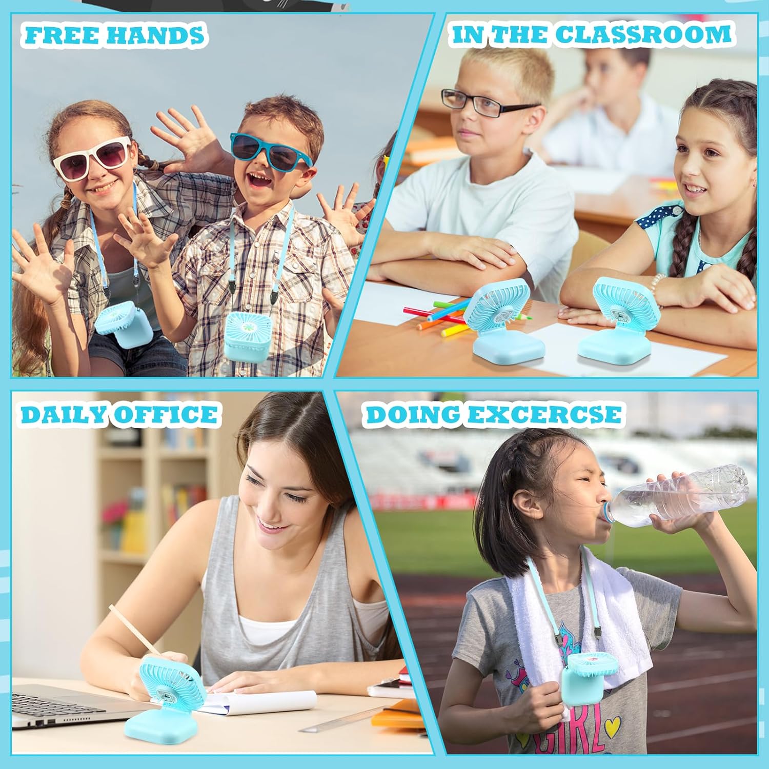 Hortsun 30 Pcs Necklace Fans Mini Handheld Portable Neck Hanging Hand Held Fan for Cooling Personal Small Hands Free 3 Speed USB Rechargeable Battery(Blue)