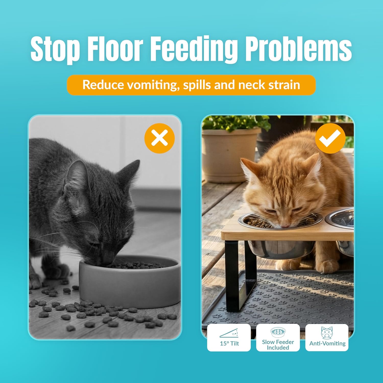 3 Bowl Cat Feeding Station-Cat Bowls Elevated-15° Tilted Cat Food Bowls-Raised Cat Bowls with Anti Slip Mat & Cat Slow Feeder Included–Anti-Vomiting Raised Slow Feeder Cat Bowl-Comedero para Gatos