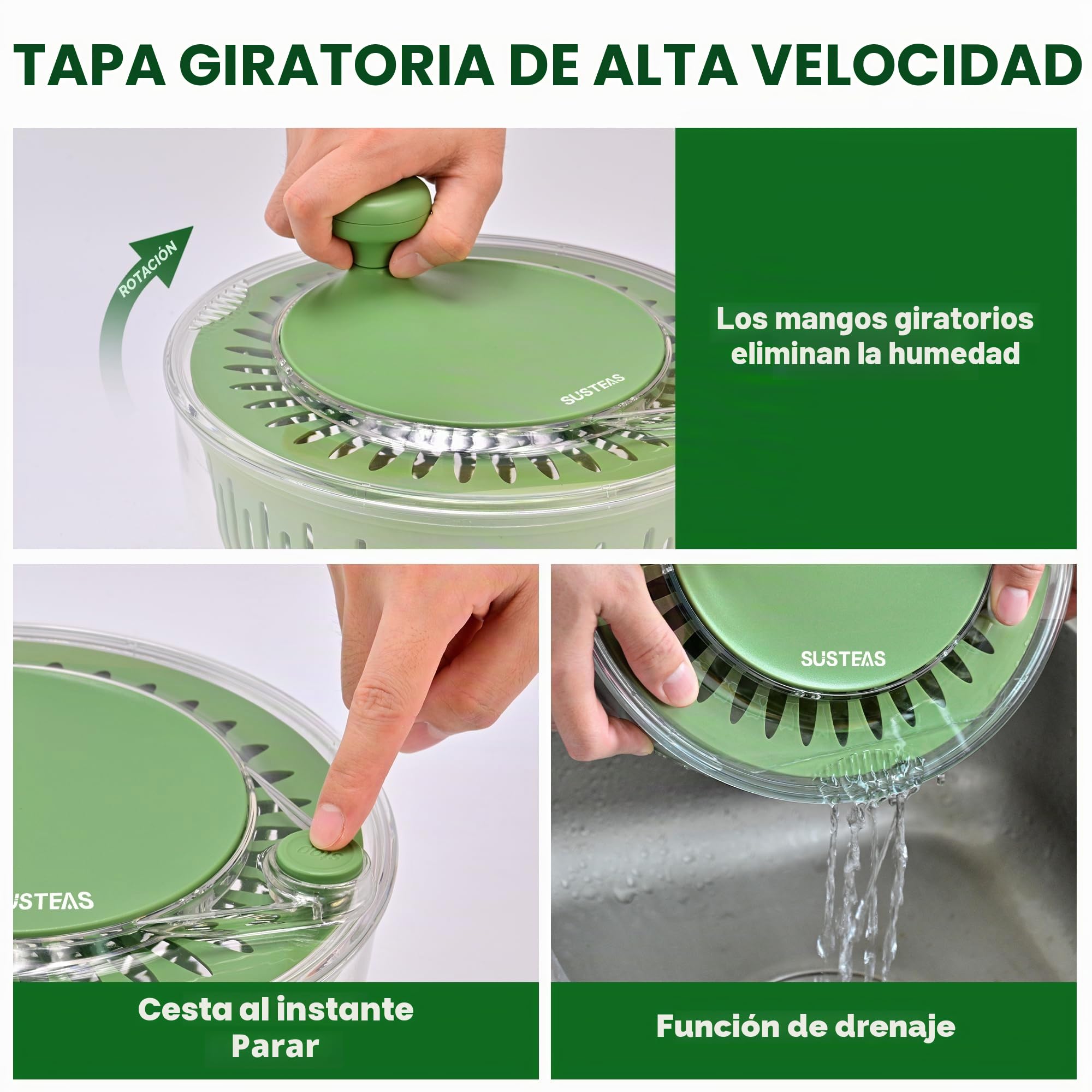 SUSTEAS Centrifugadora para Ensalada 4.25L, Bol Lavado Verduras/Frutas, Secador Hierbas con Tapa Cortadora 5 Cuchillas y Separador Yemas, Libre de BPA