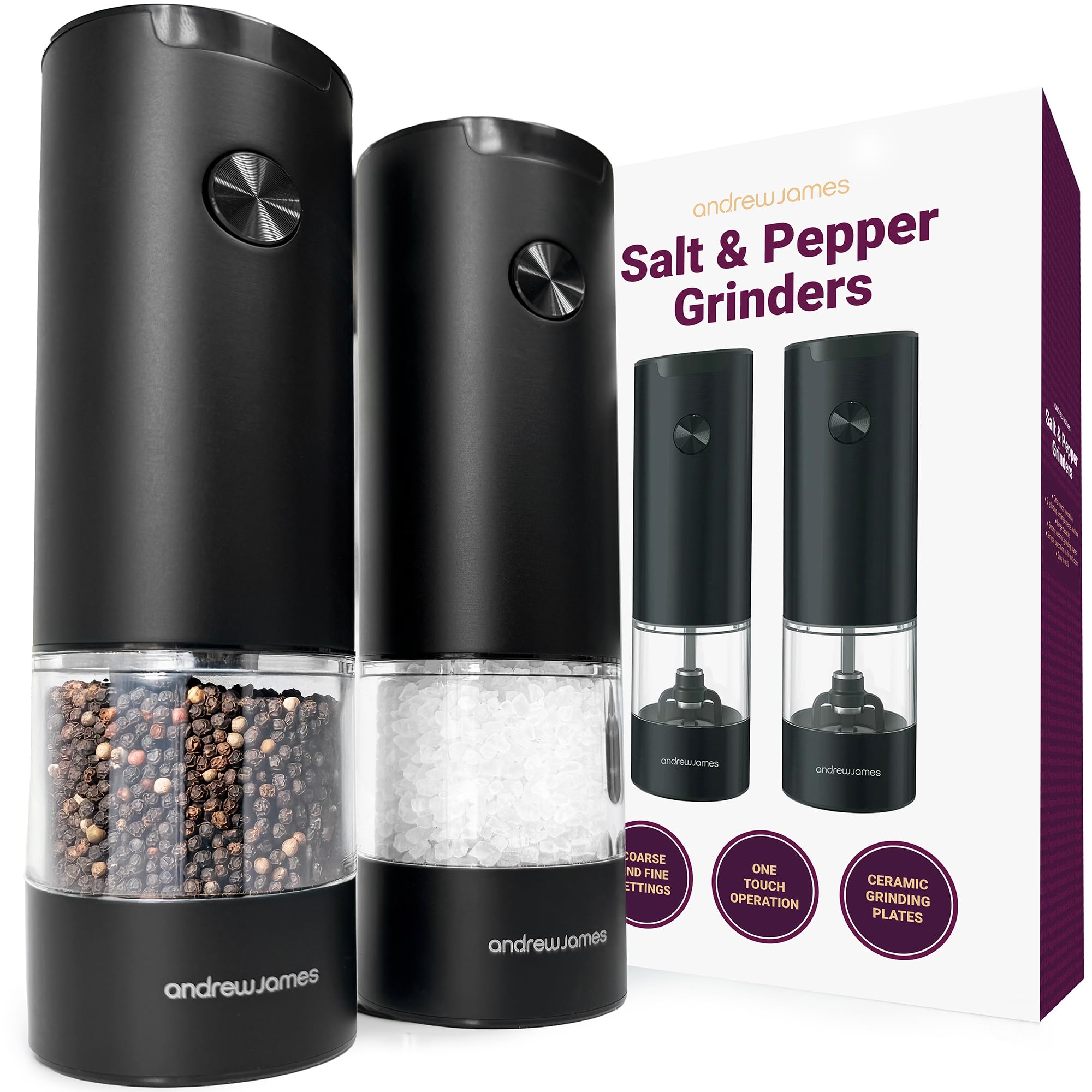 Andrew James Salt and Pepper Mills Electric Grinder Set Stainless Steel Illuminated Dispenser Adjustable Coarseness Ceramic Blades, One Touch Operation, Battery Power, 17.5cm x 5cm (Matt Black)