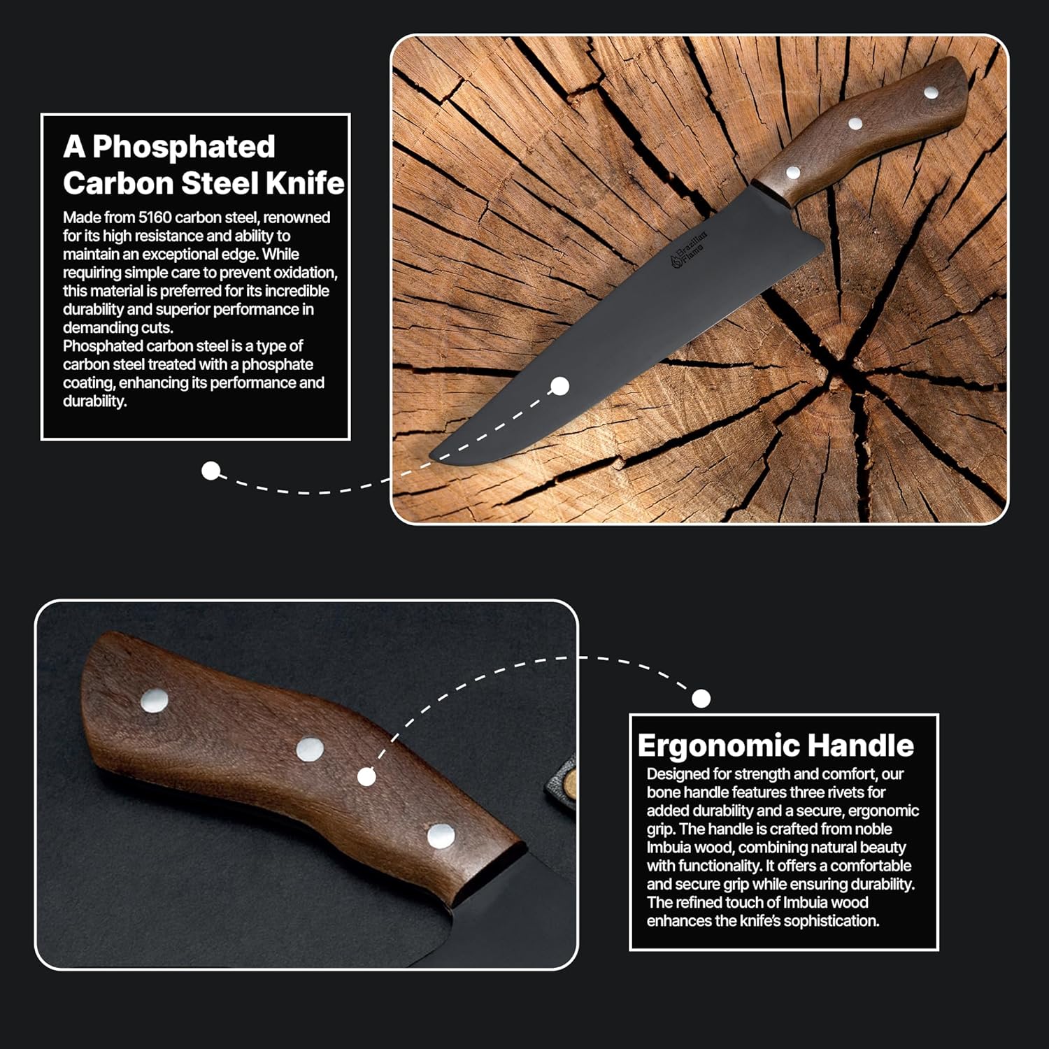 Brazilian Flame Chef Barbecue Full Tang BlackShield 10” Full Tang Carbon Steel Steakhouse Knife – 5160 Blade, Imbuia Wood Handle, Handcrafted Knife for BBQ and Kitchen (Carbon Steel Picanha Point)
