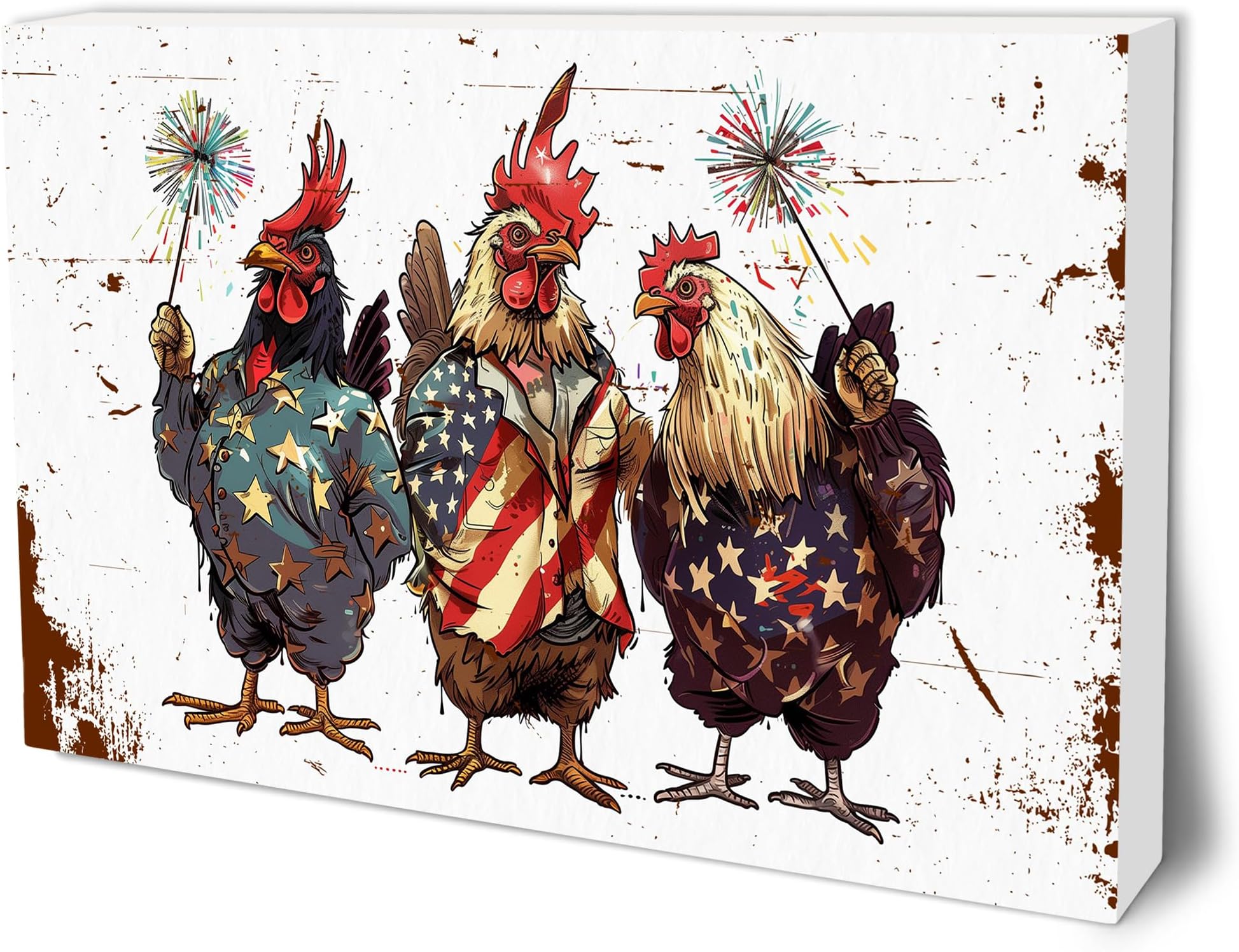 4th of July Wooden Block Plaque - 4" x 6" USA Chicken Retro Painted Rustic Tabletop Decor - Patriotic Wood Sign For Independence Day Farmhouse Desk Display & American Home Decoration - A01
