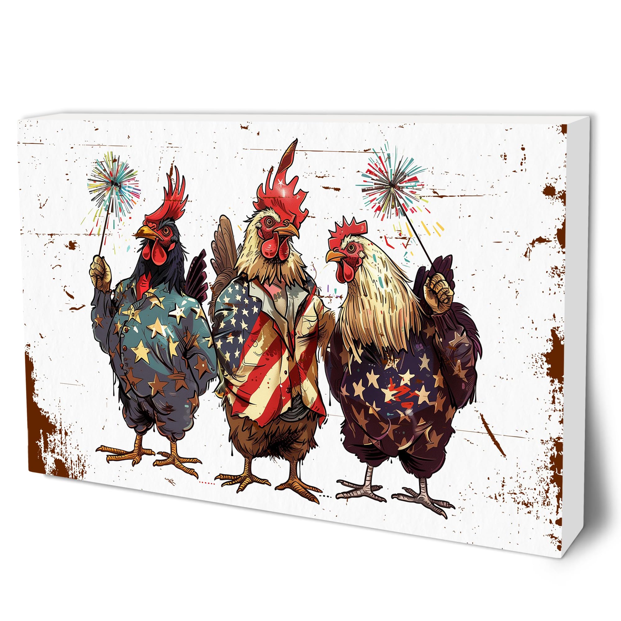 4th of July Wooden Block Plaque - 4" x 6" USA Chicken Retro Painted Rustic Tabletop Decor - Patriotic Wood Sign For Independence Day Farmhouse Desk Display & American Home Decoration - A01