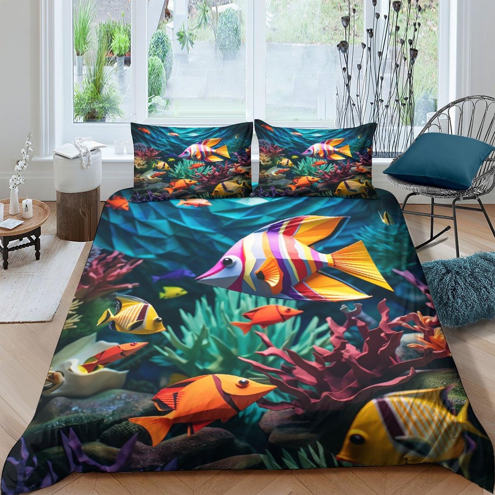 Funda nórdica 3D de mundo marino cama doble 200x200 microfibra suave