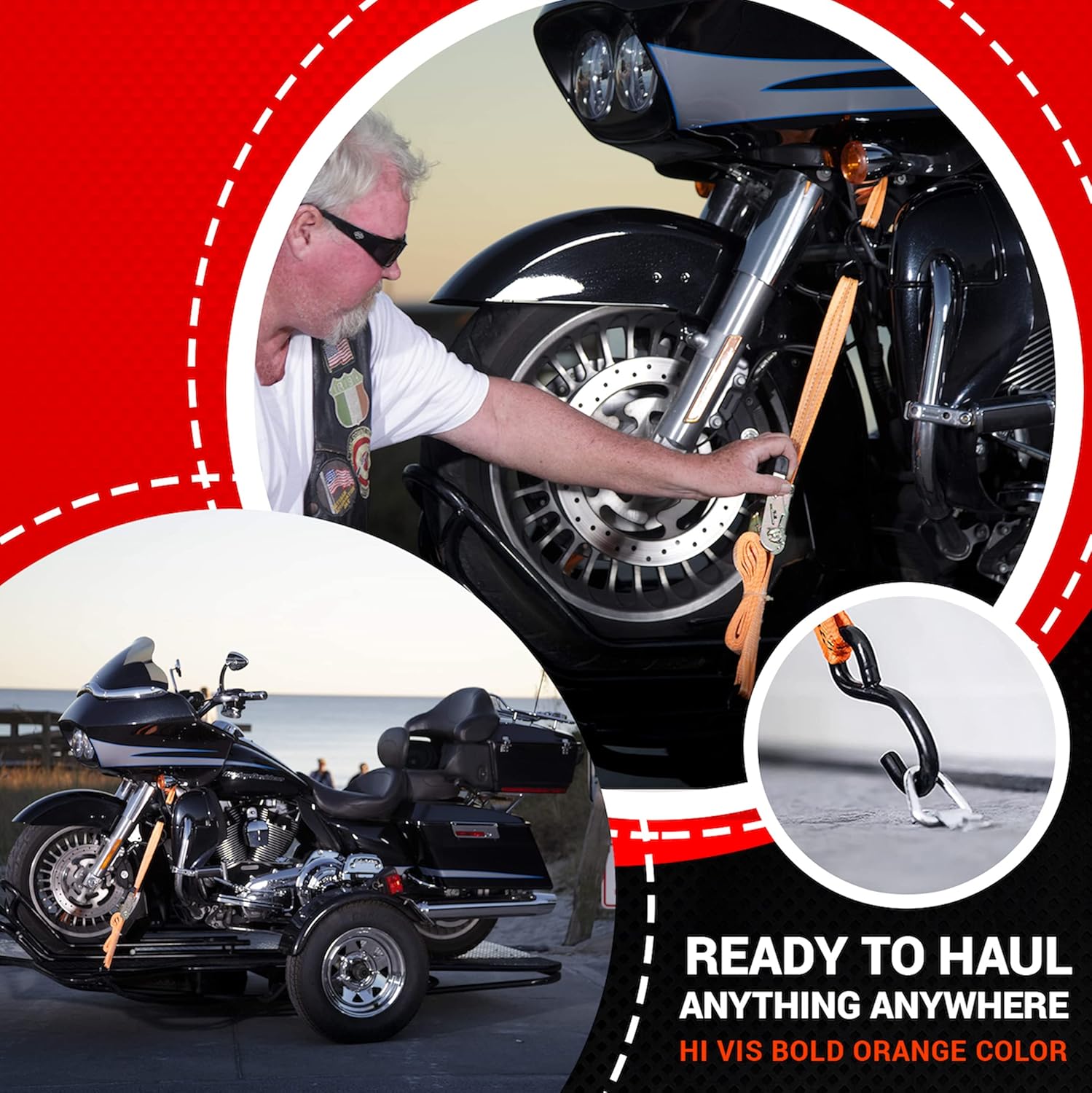 Badass Moto Ratchet Straps Tie Down, 1.5 in X 10 Ft, 3300Lb Break Strength. 4 pk.