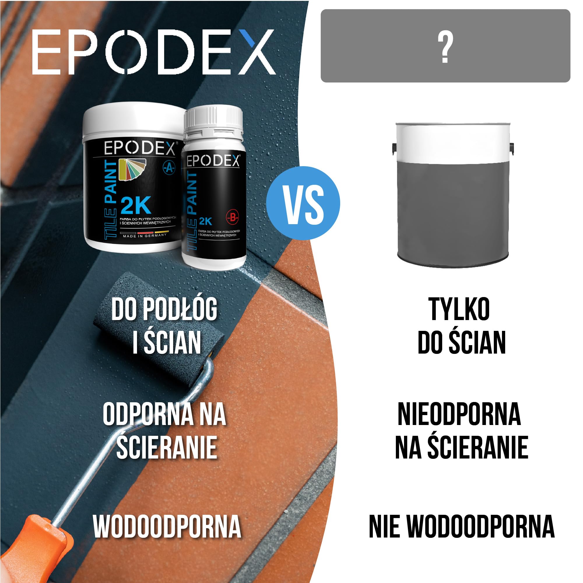 EPODEX Lakier do płytek 2K – Farba epoksydowa na ściany i podłogi do łazienki i kuchni – Biały, szary, beż i inne kolory - 1,8 kg (7 m² dla 2 warstw)