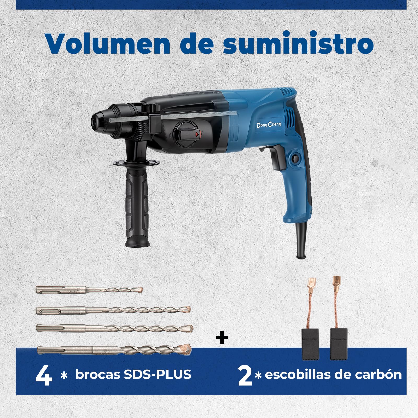 DongCheng martillo perforador 800W, energía de impacto 2.8 J, velocidad de ralentí 0-1200U/min, con 4 brocas SDS plus, 26 mm, taladro 4 en 1, martillo de demolición, mango antivibración