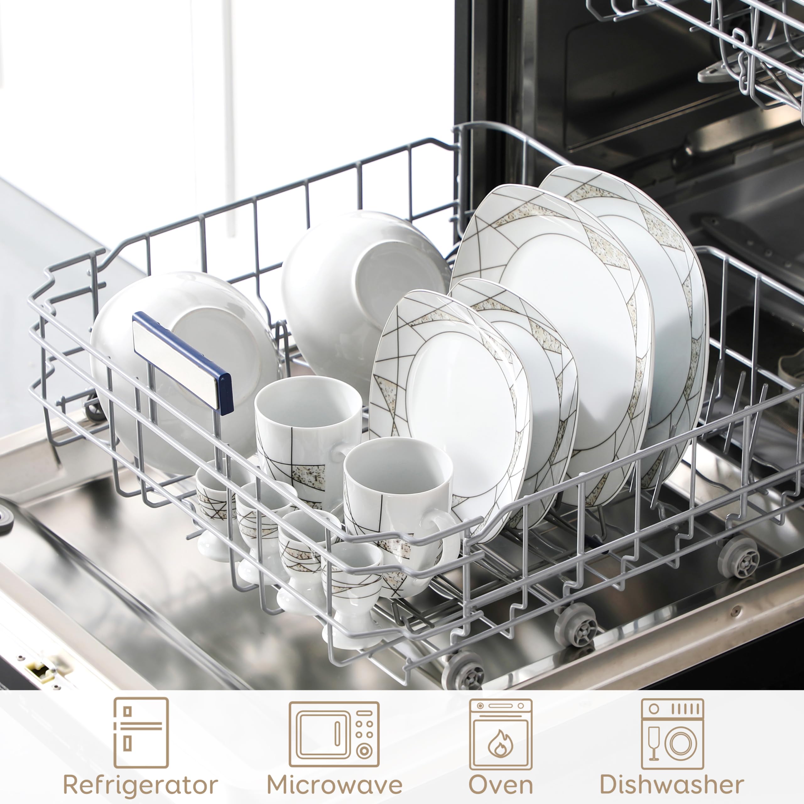 VEWEET 20-częściowy serwis stołowy z serii „Serena” wykonany z porcelany, z 4 kieliszkami do jajek, kubkami do kawy 350 ml, miseczkami na musli, talerzami deserowymi i płaskimi talerzami, serwis śniadaniowy dla 4 osób / do restauracji / dla rodziny