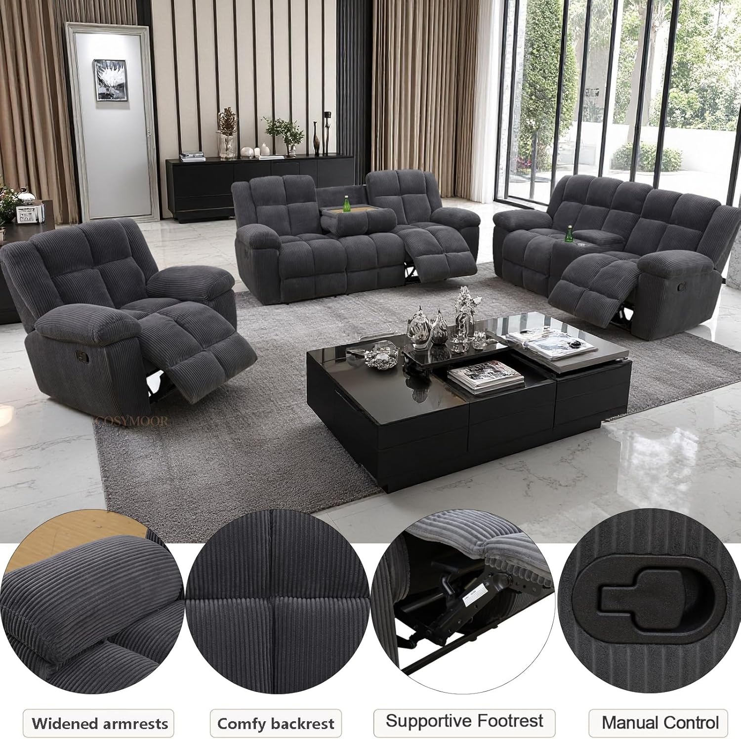 Corduroy Recliner Sofa Set with Cup Holder, 3 Pieces Living Room Furniture Sets, Grey Manual Corduroy Sofa Set with Storage, Modern Reclining Couches for Living Room/Office