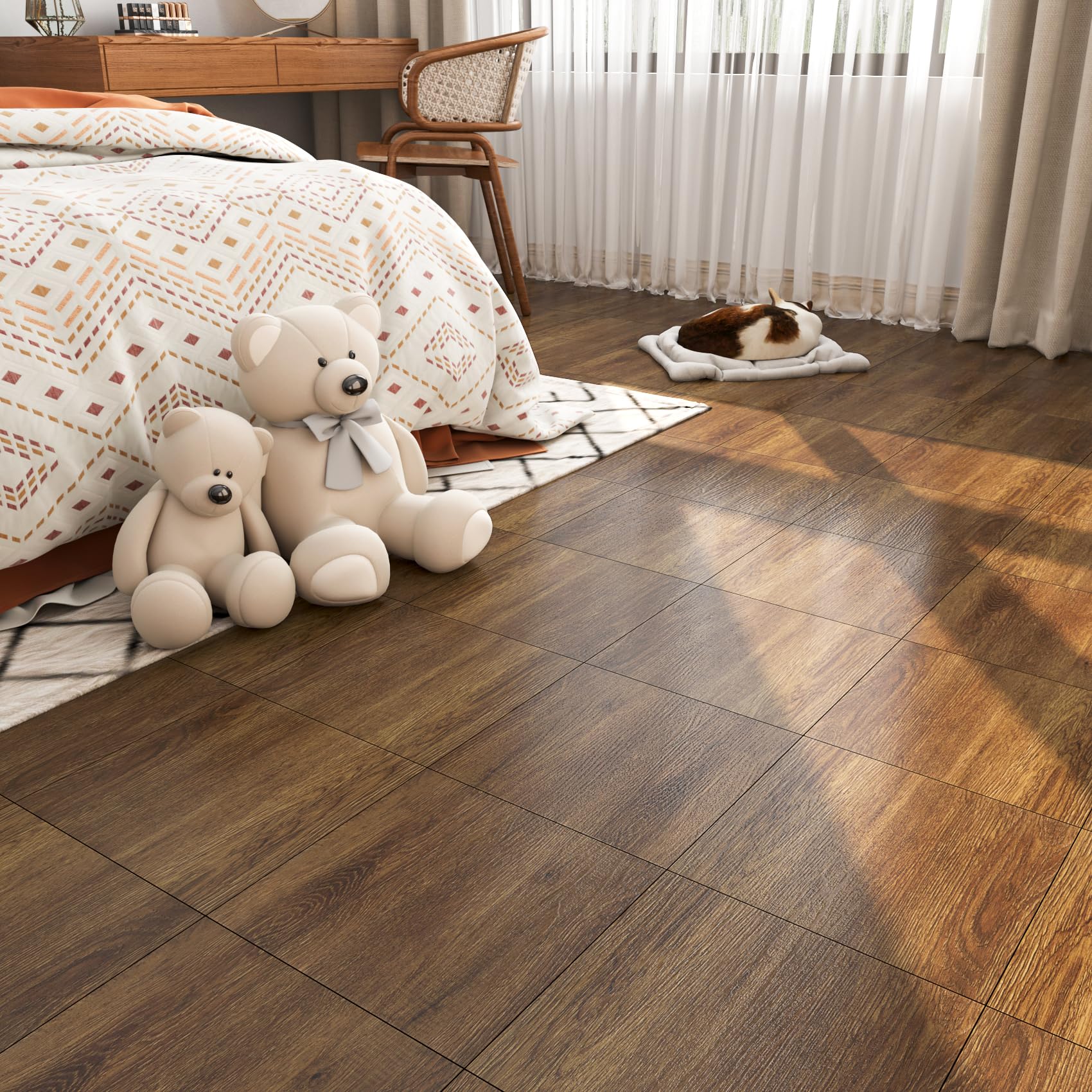 FunStick Piastrelle per pavimenti in legno scuro, autoadesive, in vinile, 15,2 x 91,4 cm, 35 pezzi