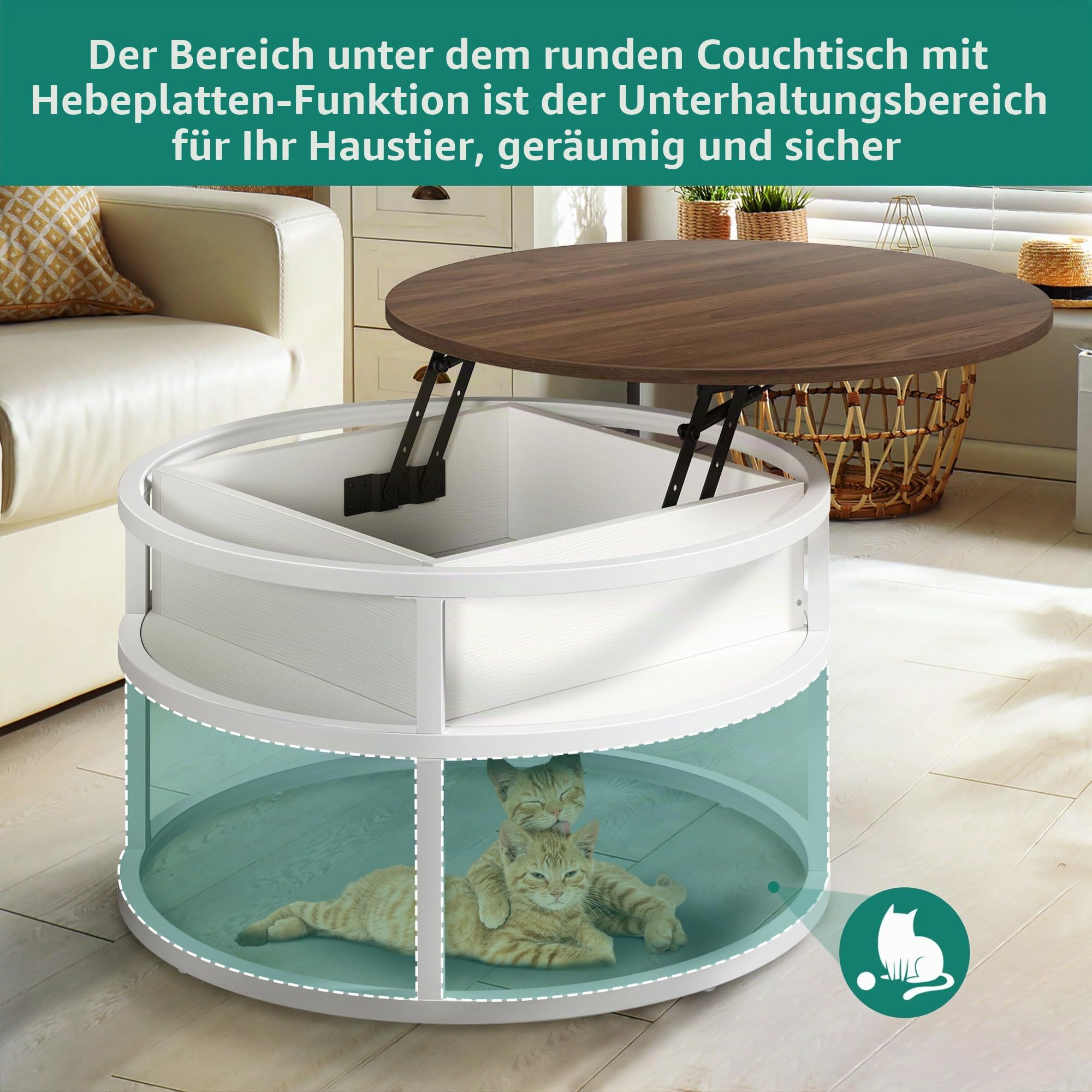 YITAHOME Couchtisch Rund mit Hebeplatte, Wohnzimmertisch mit verstecktem Ablagefach, Beistelltisch Rund mit Stauraum für Home Office, Runder Mitteltische Wohnzimmer, Weiße Eiche