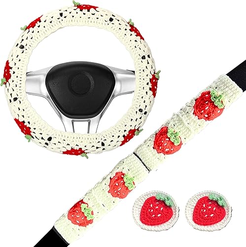 Juego de fundas de ganchillo para volante de automóvil, diseño bohemio de 14 a 15 pulgadas, diseño cuadrado de fresa blanca, accesorios de automóvil
