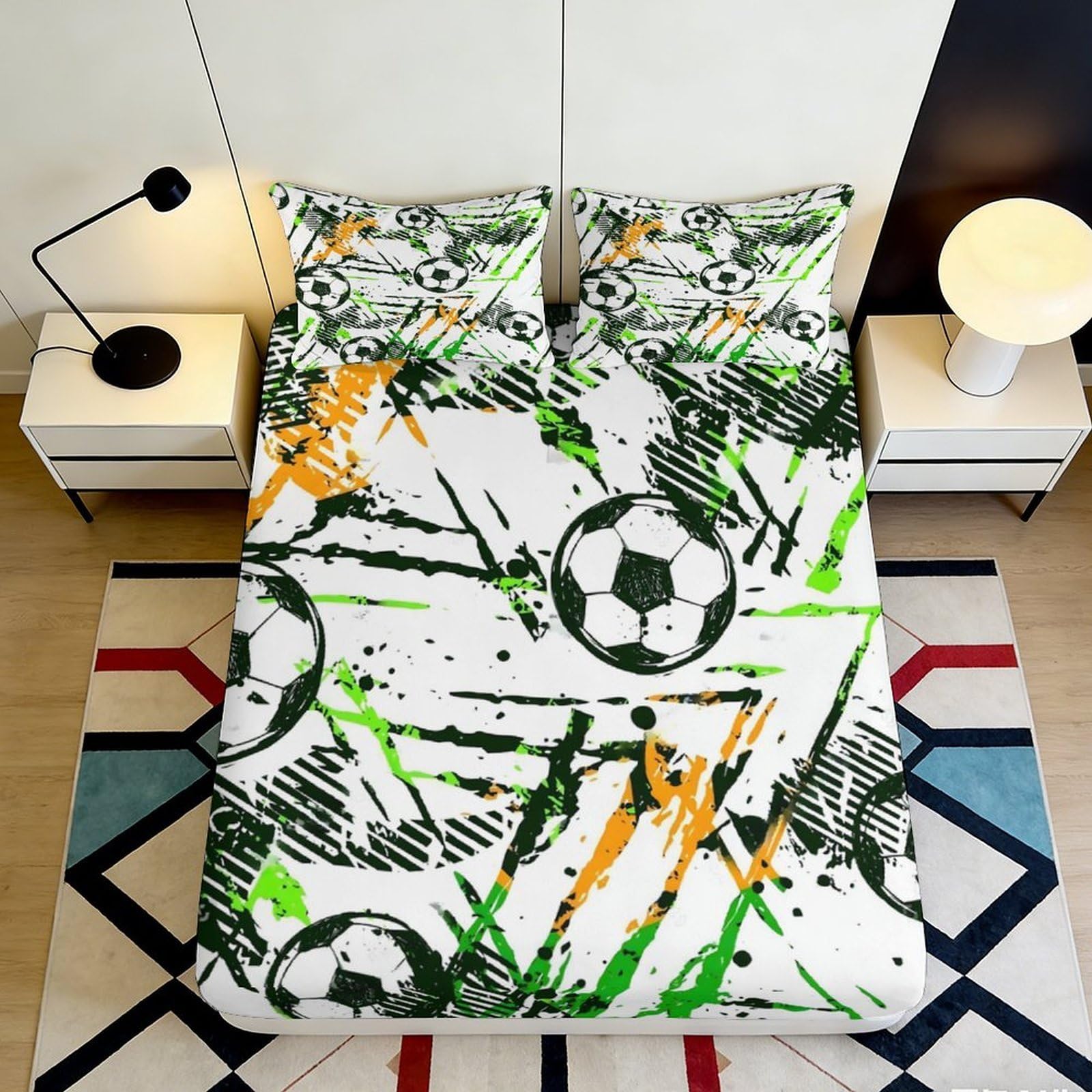 3D Printed Football Graffiti Fitted Sheet Microfiber Soft Breathable Soccer Splash Bed Cover for Bedroom Guest Room Decor 90x200x25cm