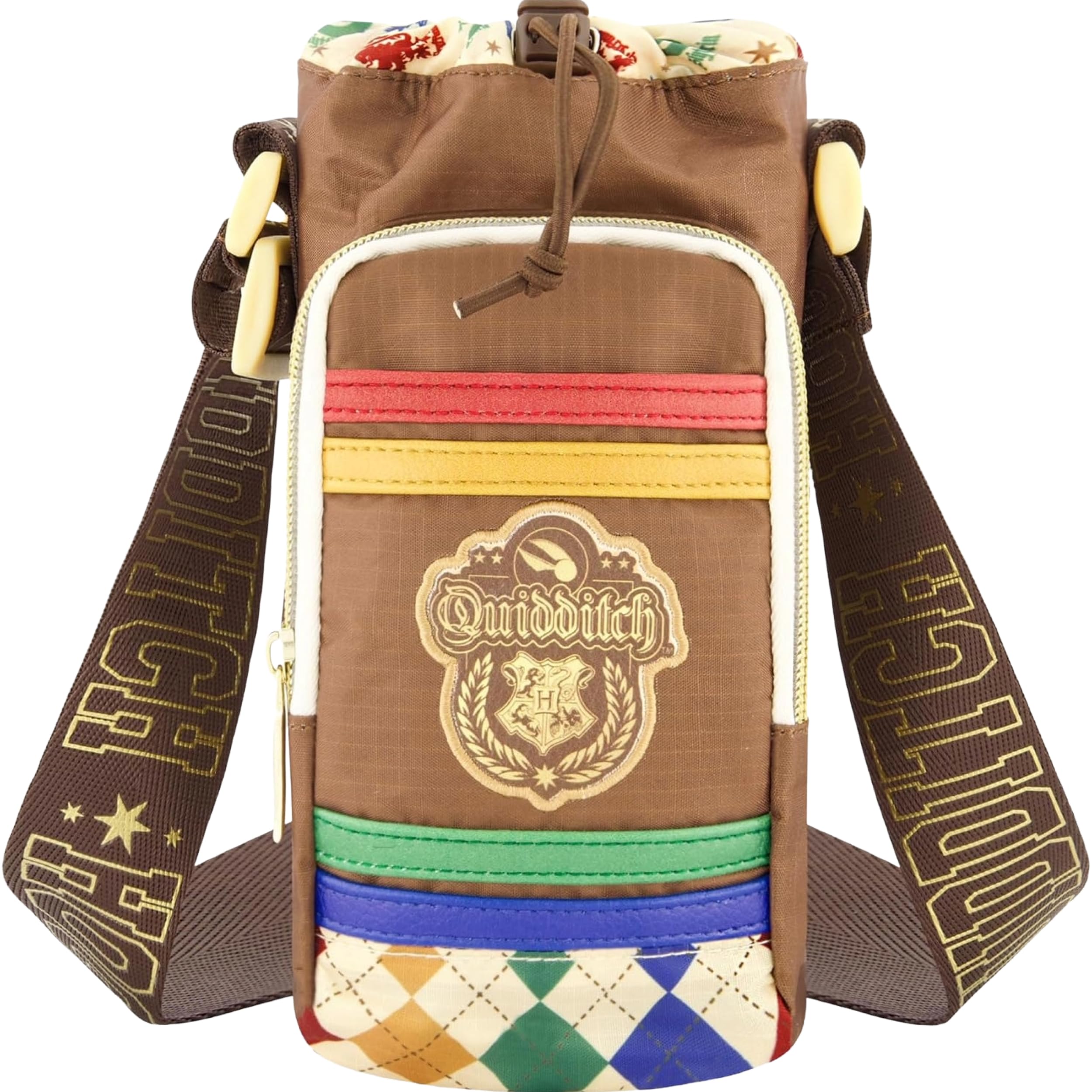 Harry Potter Water Bottle Holder Crossbody Bag, Hogwarts Quidditch Sling Carrier, Adjustable Strap, Fits 25 oz Bottles, Multi