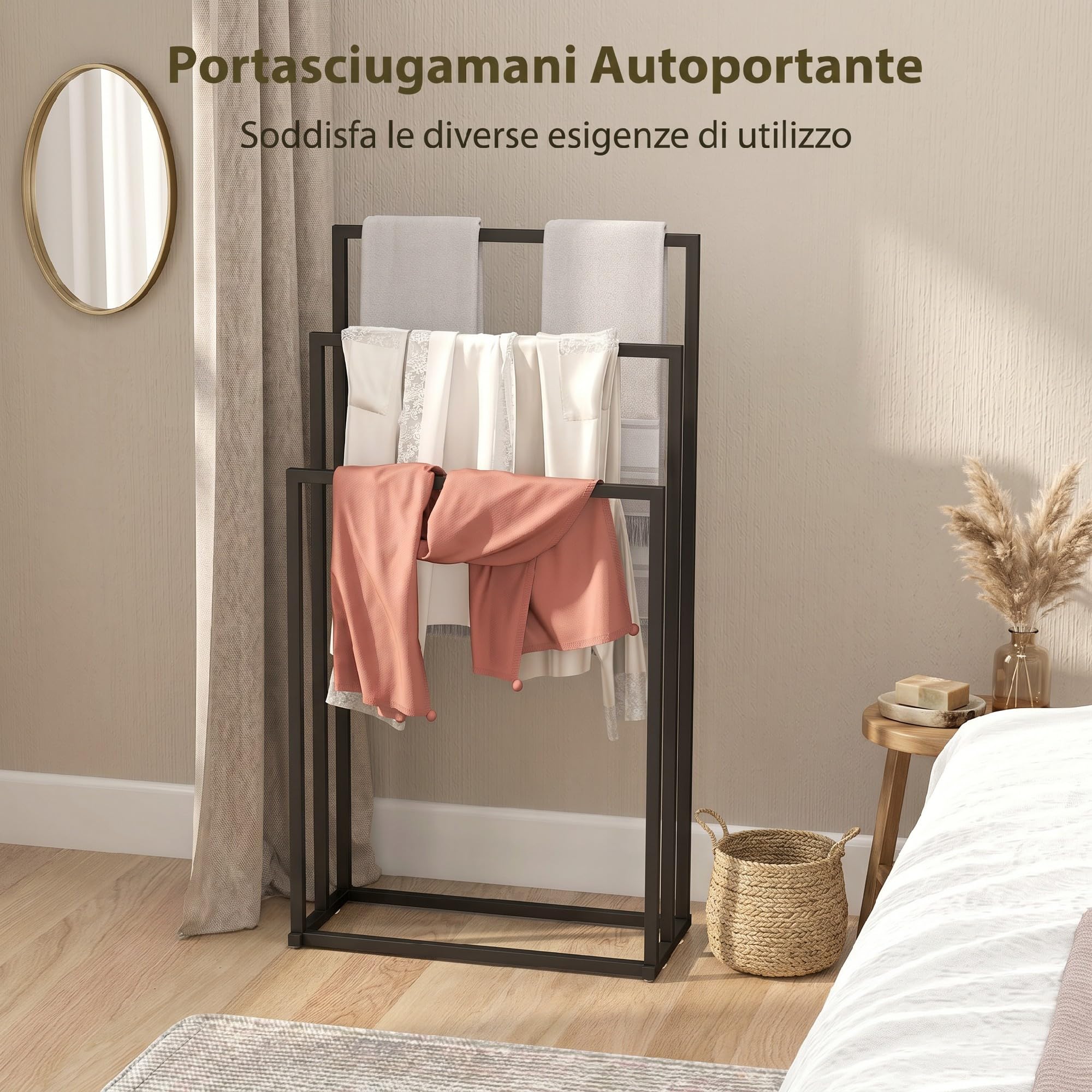 HOMCOM Portasciugamani da Terra 3 Bracci Autoportante 45x21.5x85 cm Nero | Porta Asciugamani per Bagno in Acciaio, Porta Salviette