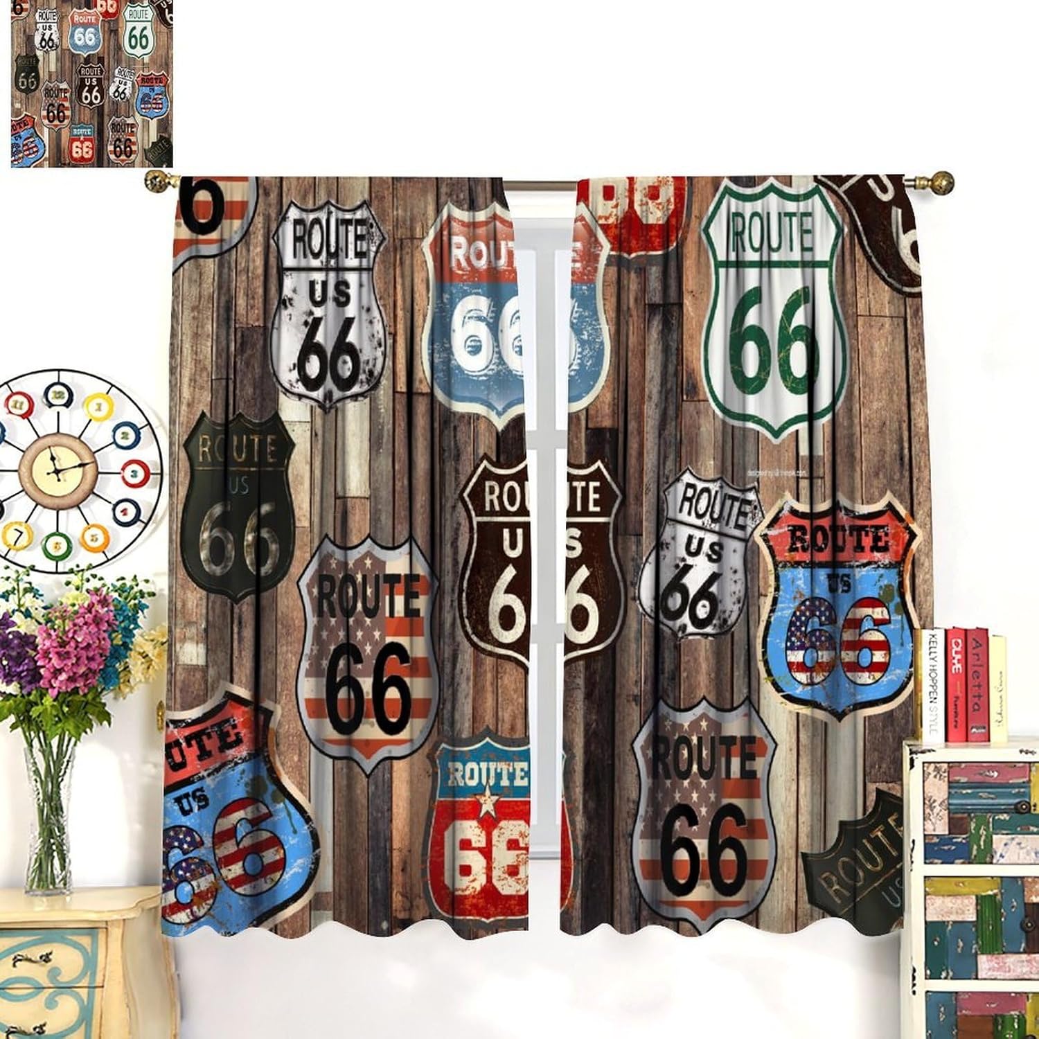 Route 66 Vintage Blackout Curtains Classic American Road Sign Designs Rustic Charm Retro Home Decor Window Treatments for Kitchen Bedroom Living Dining Room Cafe 42" W X 45" L