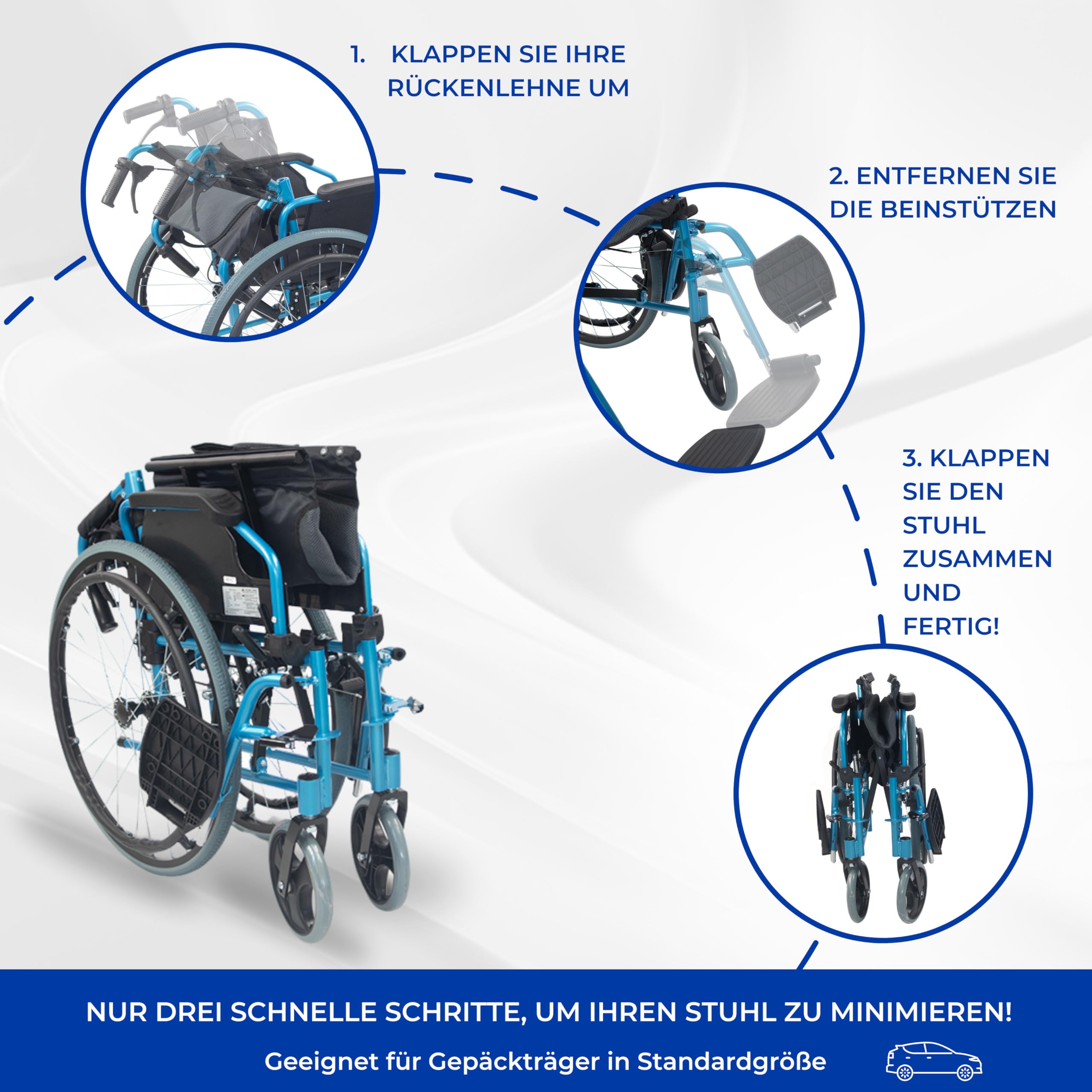 Mobiclinic®, Rollstuhl, Bolonia, Aluminium, Faltbar und leicht, Klappbare geteilte rückenlehne, Abnehmbare fußstütze, Armlehnen, Für erwachsene, Blau