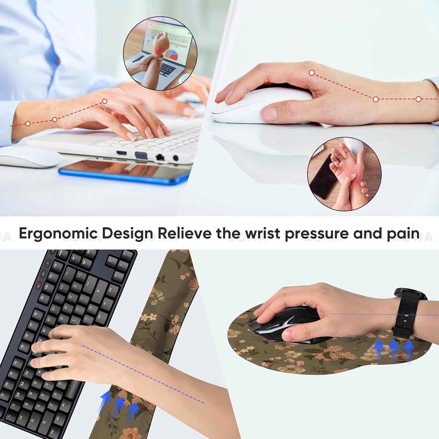 Ergonomic Keyboard Mouse Pad Wrist Rest Support Set for Laptop/Computer/Desktop,Memory Foam Hand Rest Wrist Cushion for Gaming/Office,Lightweight Comfortable & Pain Relief (Flowers) - Image 5