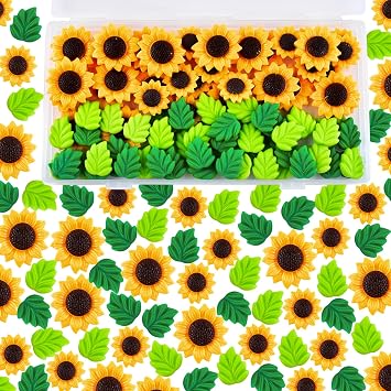 100PCS Resin Sunflower Beads Flatback Bead Leaves Flowers Charm Pendants for Craft Scrapbooking Supplies Accessories for DIY Hair Clip Phone Case Jewelry Making Bracelets Necklaces Earring