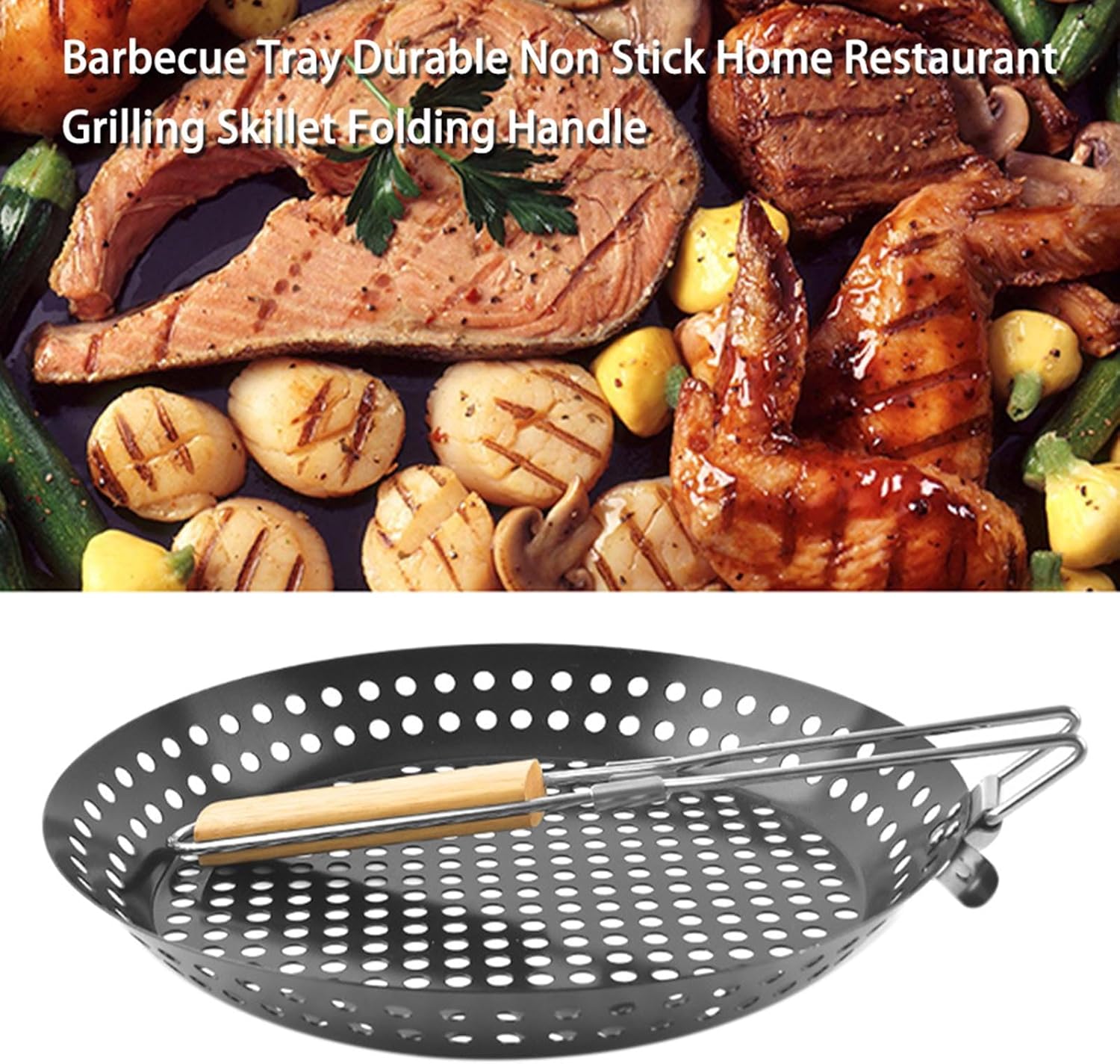 Foldable Handle Barbecue Skillet - Outdoor Non-Stick Grilling Pan with Holes for Camping, Picnics, and Restaurants