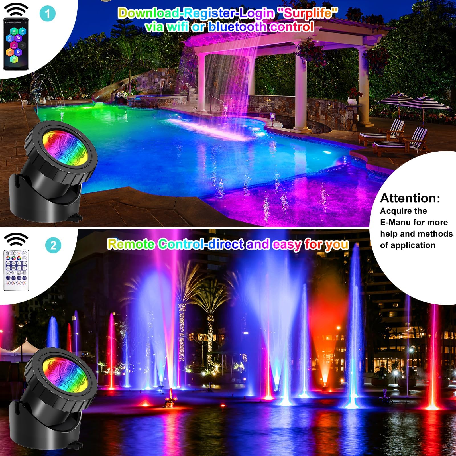 T-SUNUS Illuminazione per Laghetto a LED Subacqueo, LED Sommergibili con Controllo APP Bluetooth Dimmerabile IP68 Illuminazione Subacquea RGB per Giardino Partito Piscina 8 in 1