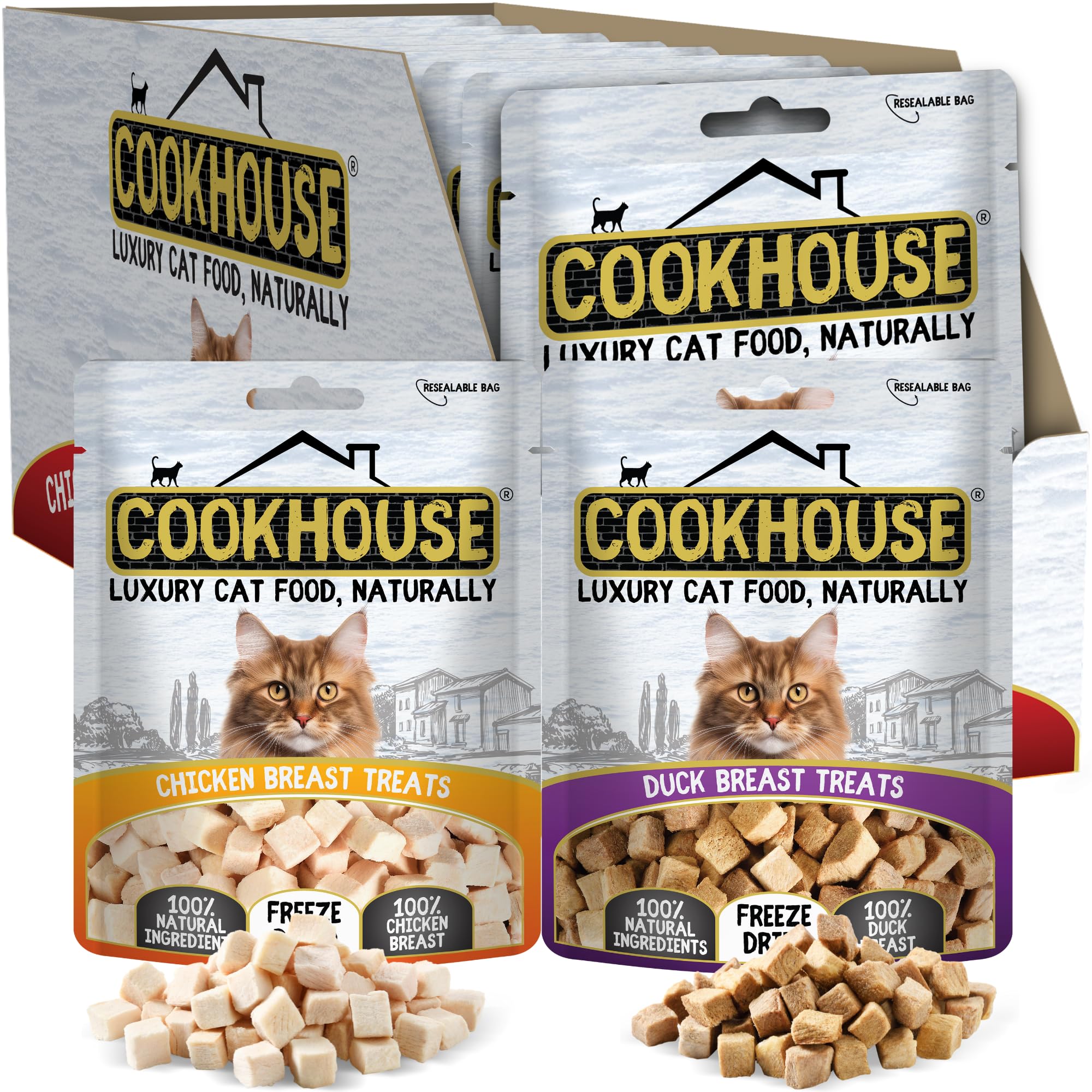 COOKHOUSE 100% Chicken Breast / 100% Duck Breast Freeze Dried Luxury Cat Treats, 12 x 10g Bags, 100% Natural, Grain Free