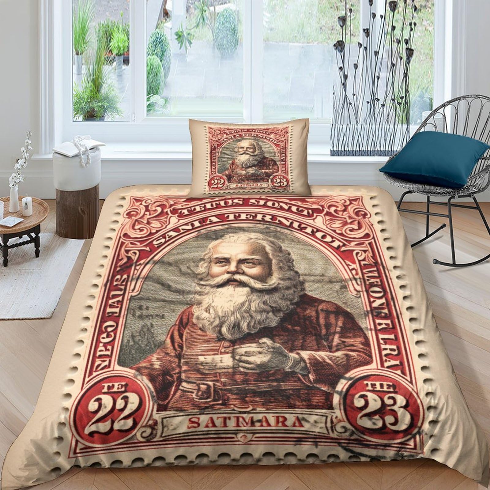 Housse de couette Noël imprimé 3D timbre vintage 3 pièces 135x200 parure de lit enfant