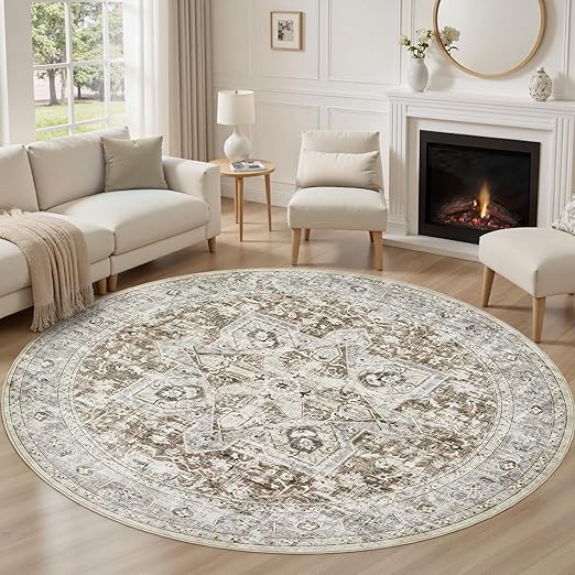 Tortania 5' Round Area Rug Living Room Rugs - Washable Boho Rug Vintage Oriental Distressed Farmhouse Large Thin Indoor Carpet for Bedroom Under Dining Table Home Office - Brown Blue