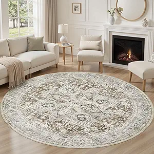 Tortania 5' Round Area Rug Living Room Rugs - Washable Boho Rug Vintage Oriental Distressed Farmhouse Large Thin Indoor Carpet for Bedroom Under Dining Table Home Office - Brown Blue