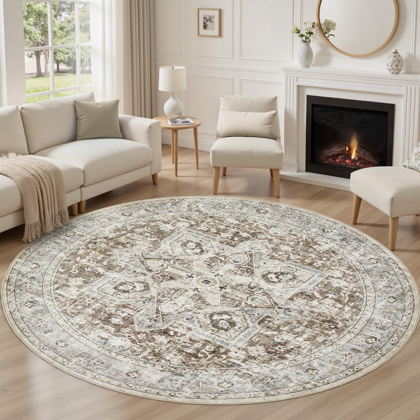 Tortania 5' Round Area Rug Living Room Rugs - Washable Boho Rug Vintage Oriental Distressed Farmhouse Large Thin Indoor Carpet for Bedroom Under