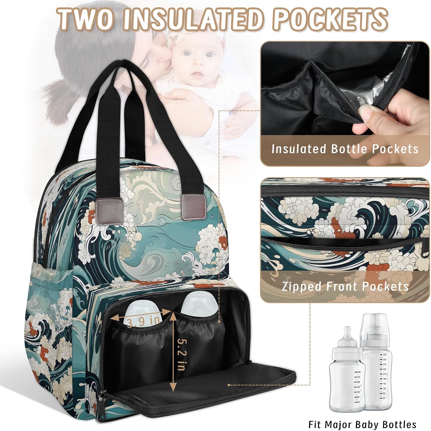 Japanese Chinese Theme Diaper Bag Large Mommy Bag Portable Waterproof Nappy Backpack with Stroller Straps for Travel Casual Daypack