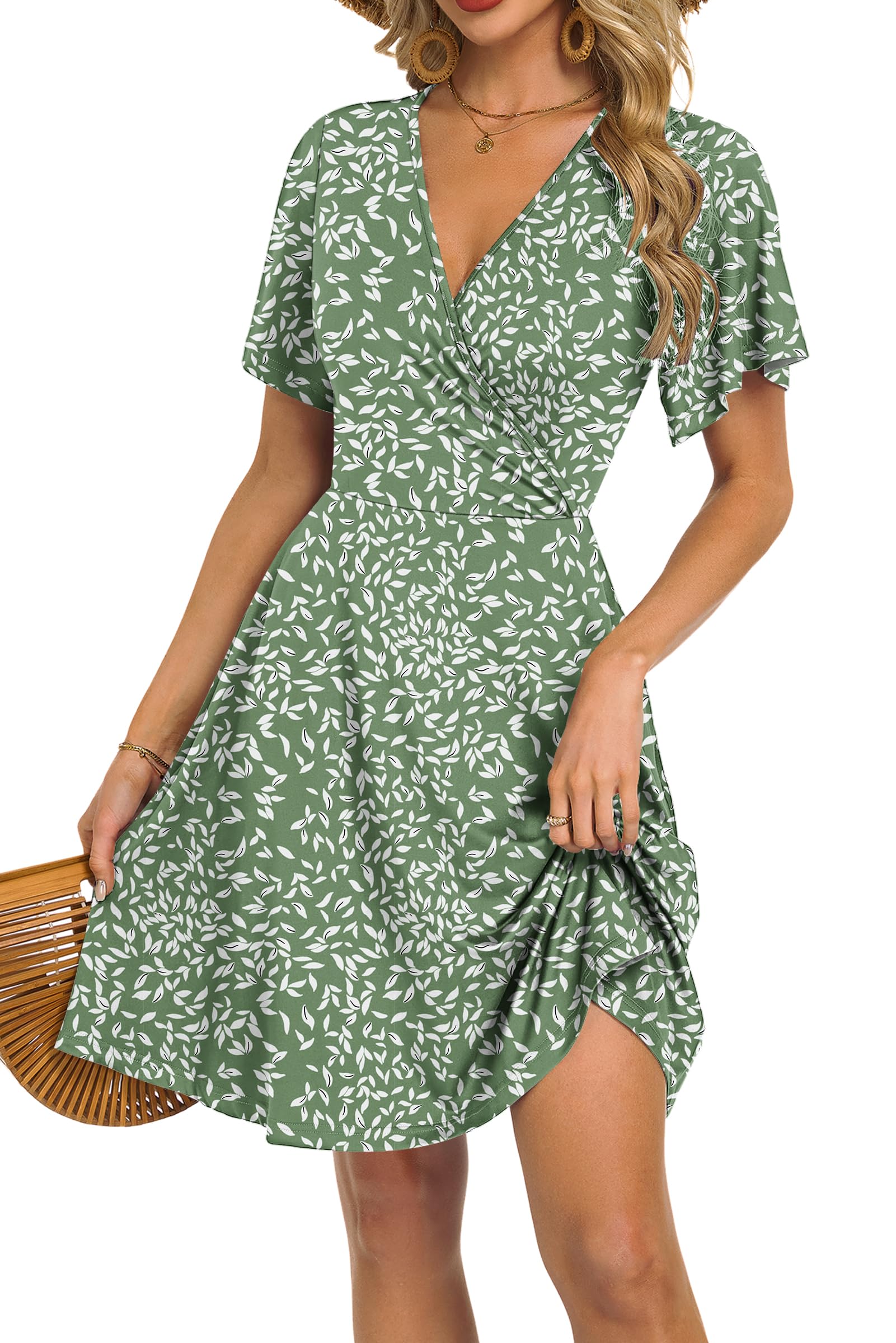 PLMOKEN Vestidos de Verano para Mujer Vestido Sexy con Cuello en V y Manga con Volantes Vestidos de Playa con Bolsillos