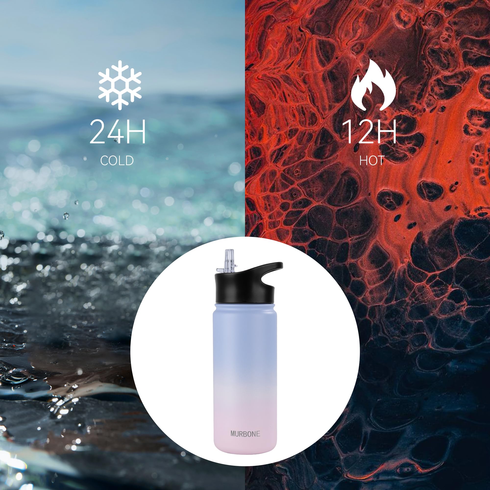 MURBONE Insulated Water Bottle, 500ml Stainless Steel Drink Flask with Straw, BPA Free, 2 Lids (Straw Lid and Spout Lid) - Image 2