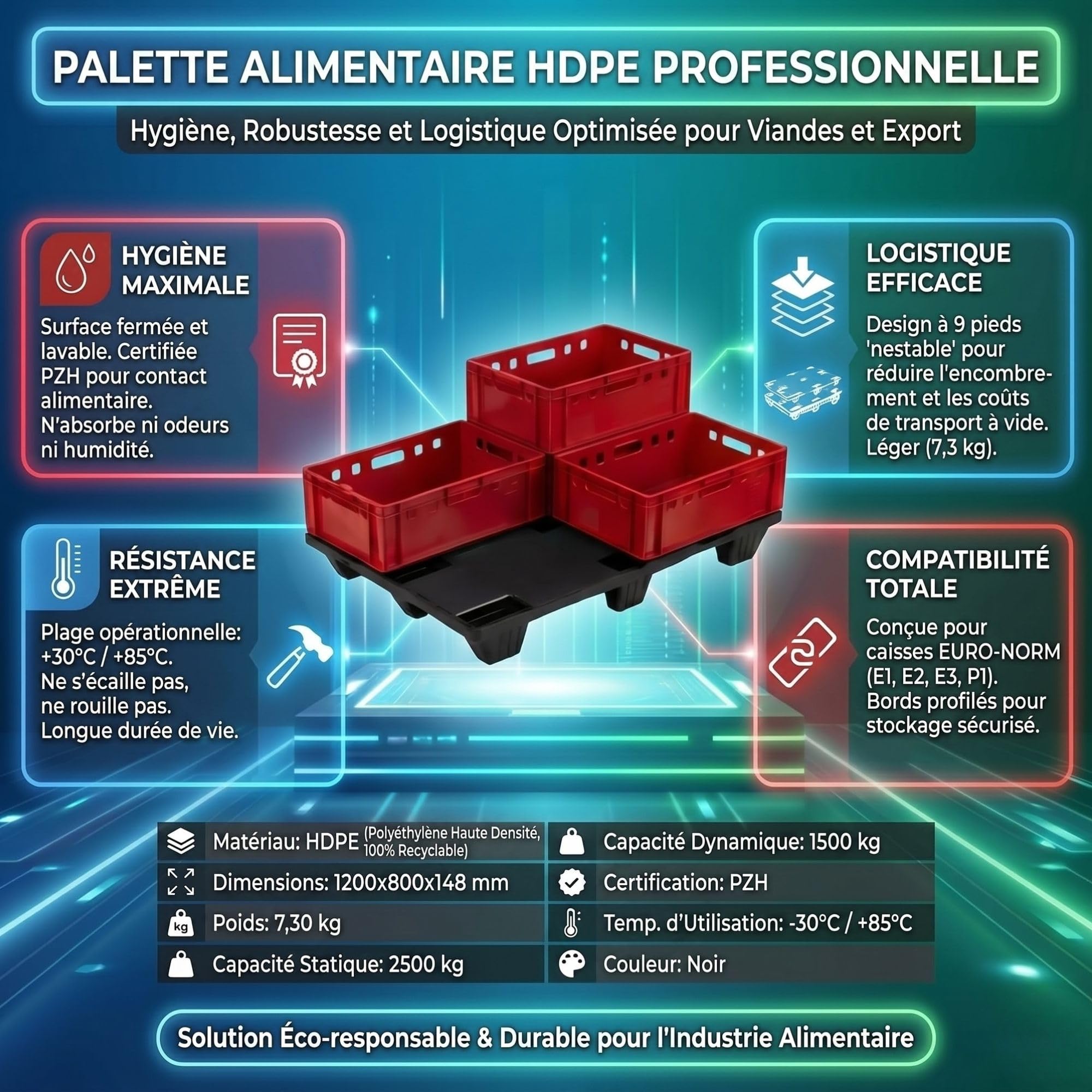 IMJ-Global - Palette Plastique 80x120 cm HDPE, Palettes Empilables de 9 pieds, Chaque Palette Possède une Certification Alimentaire et une Capacité de Charge Maximale de 2500 KG (1 Palettes)