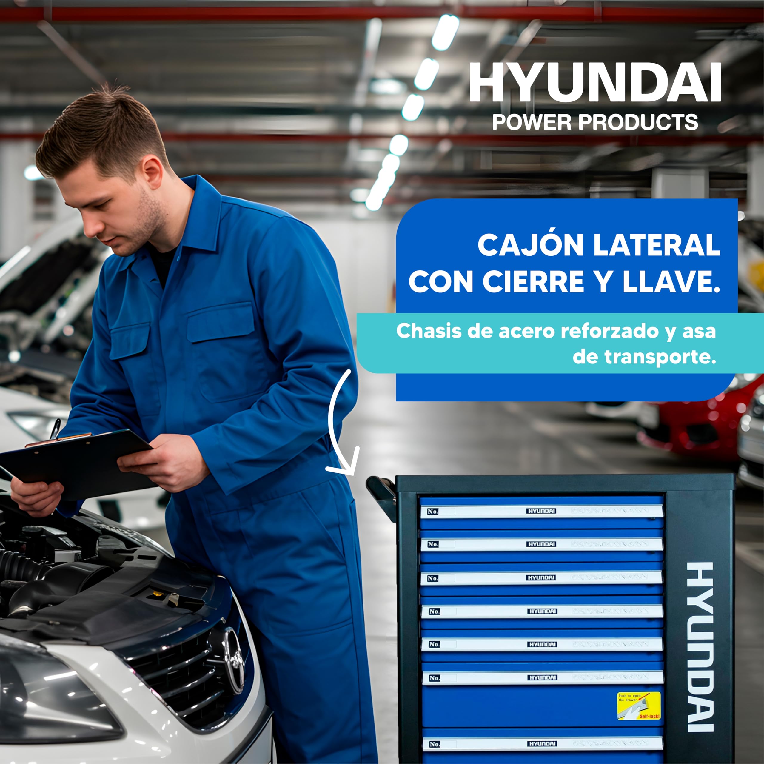 HYUNDAI Carro de Herramientas con 297 Piezas para Taller Profesional - Carro de Herramientas con 7 Cajones y Cierre con Llave - Organizador para Herramientas con Llave de Carraca y Chasis de Acero