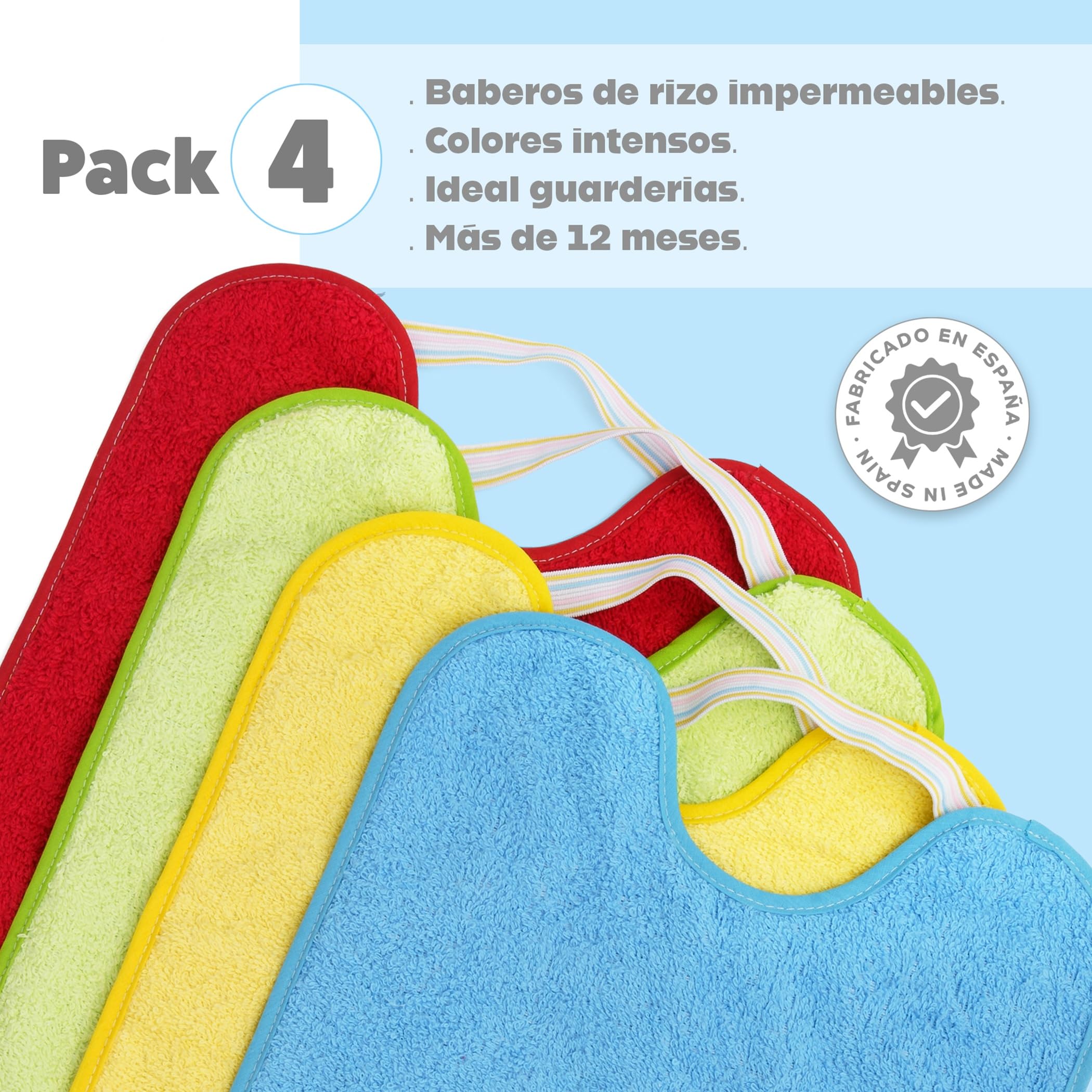 Ti TIN Pack 4 Baberos Bebé Impermeables y Absorbentes - A partir 12 meses - Ideal Guardería con Goma Elástica y Rizo de Algodón Suave