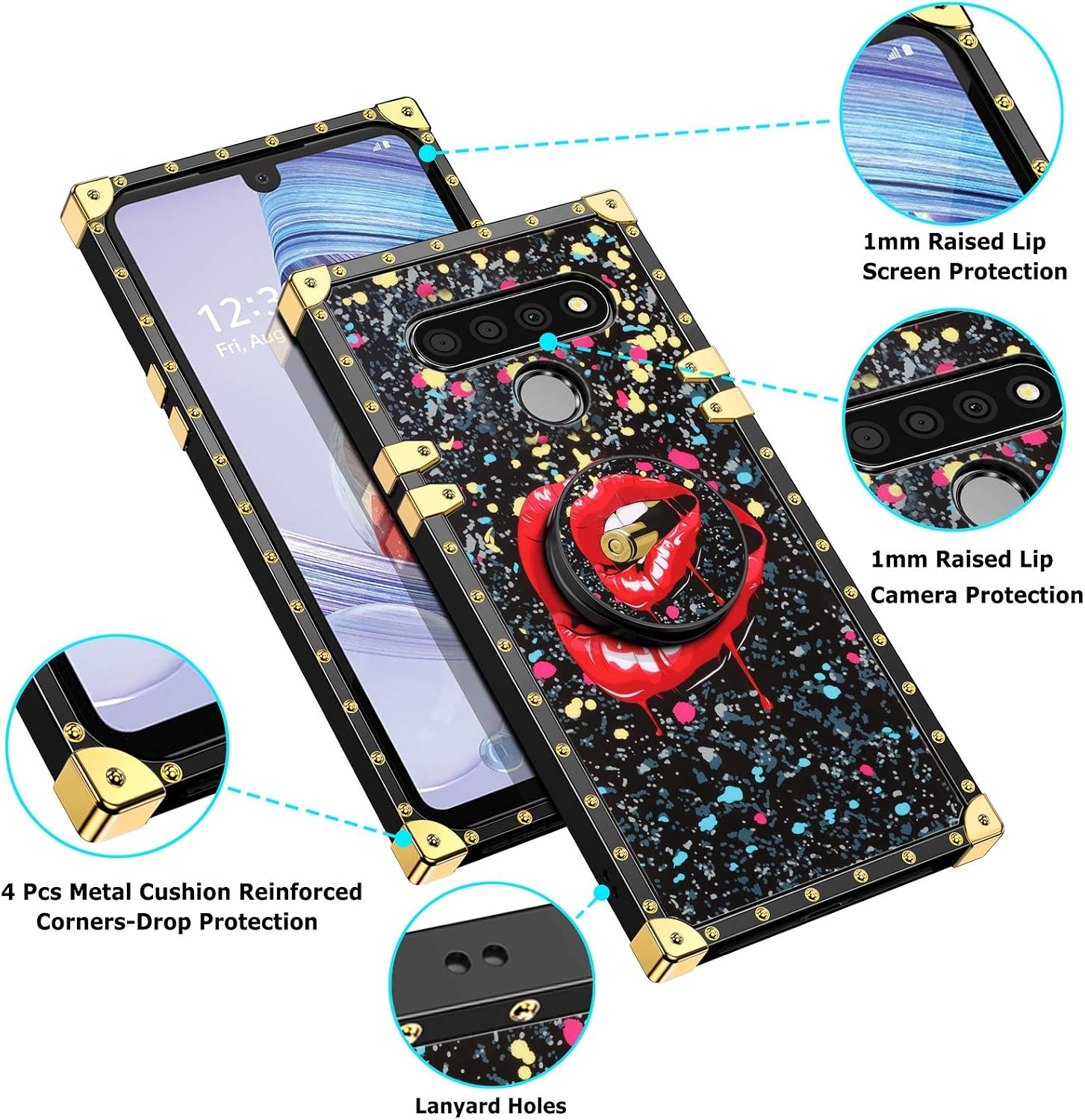 JAKPAK Case for LG Stylo 6 Case with Kickstand for Girls Women Soft TPU Luxury Stylo 6 Case with Strap Shockproof Protective Heavy Duty Metal Cushion Reinforced Corner Case for LG Stylo 6 Lip Black