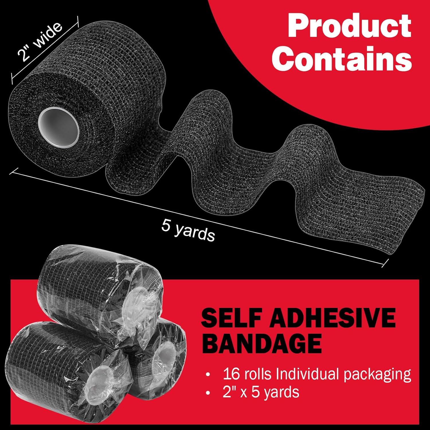 AZEN 16 Pack Self Adhesive Bandage Wrap Black, 2″ X 5 Yards Black Athletic Tape, Vet Wrap, Tattoo Grip Tape Wrap，Ankle Tape, Cohesive Bandage Wrap