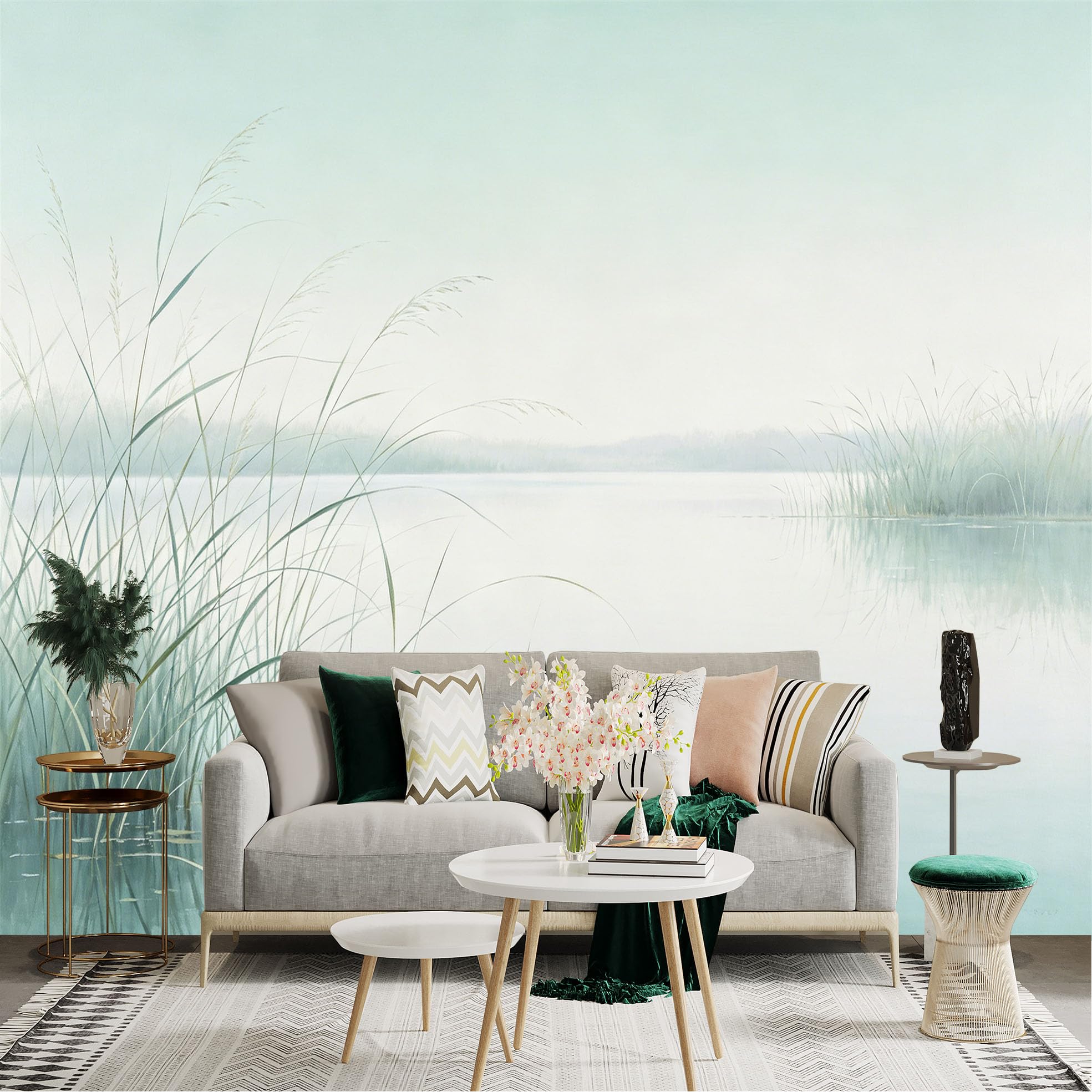 Lnzczhyre Dbh260521234 Custom Size Wall Sticker Mural， Serene Lake View， Soft Reed Plants， Minimalist Watercolor Landscape， Misty Water Horizon， For Wall Decoration， Peelandstick Wall Decals.