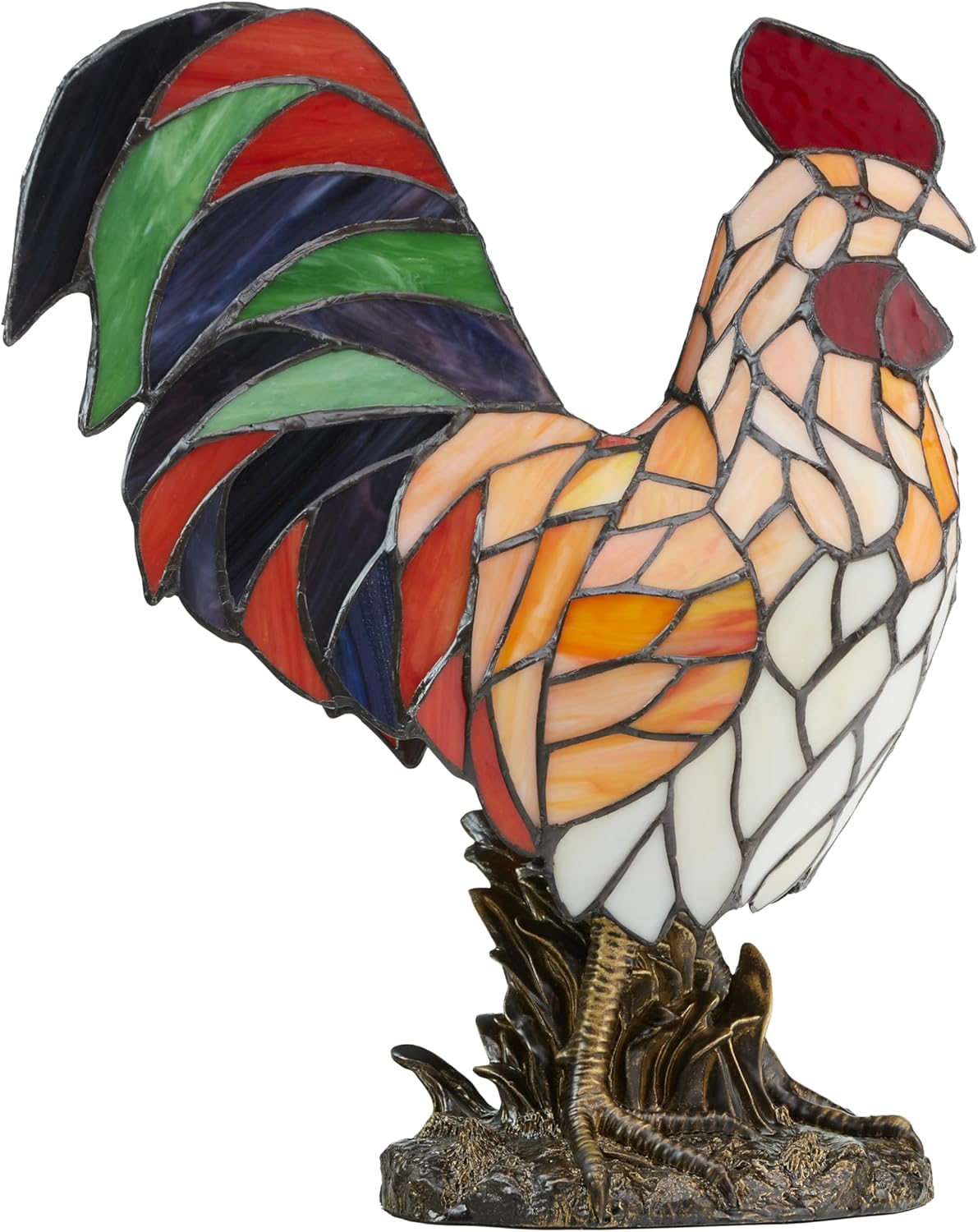 RIVER OF GOODS 15" H Red Rooster Stained Glass Table Lamp - Handcrafted Multicolor Accent Light - Tiffany-Style Vintage Design - Unique Glass Art - Includes 60" Power Cord
