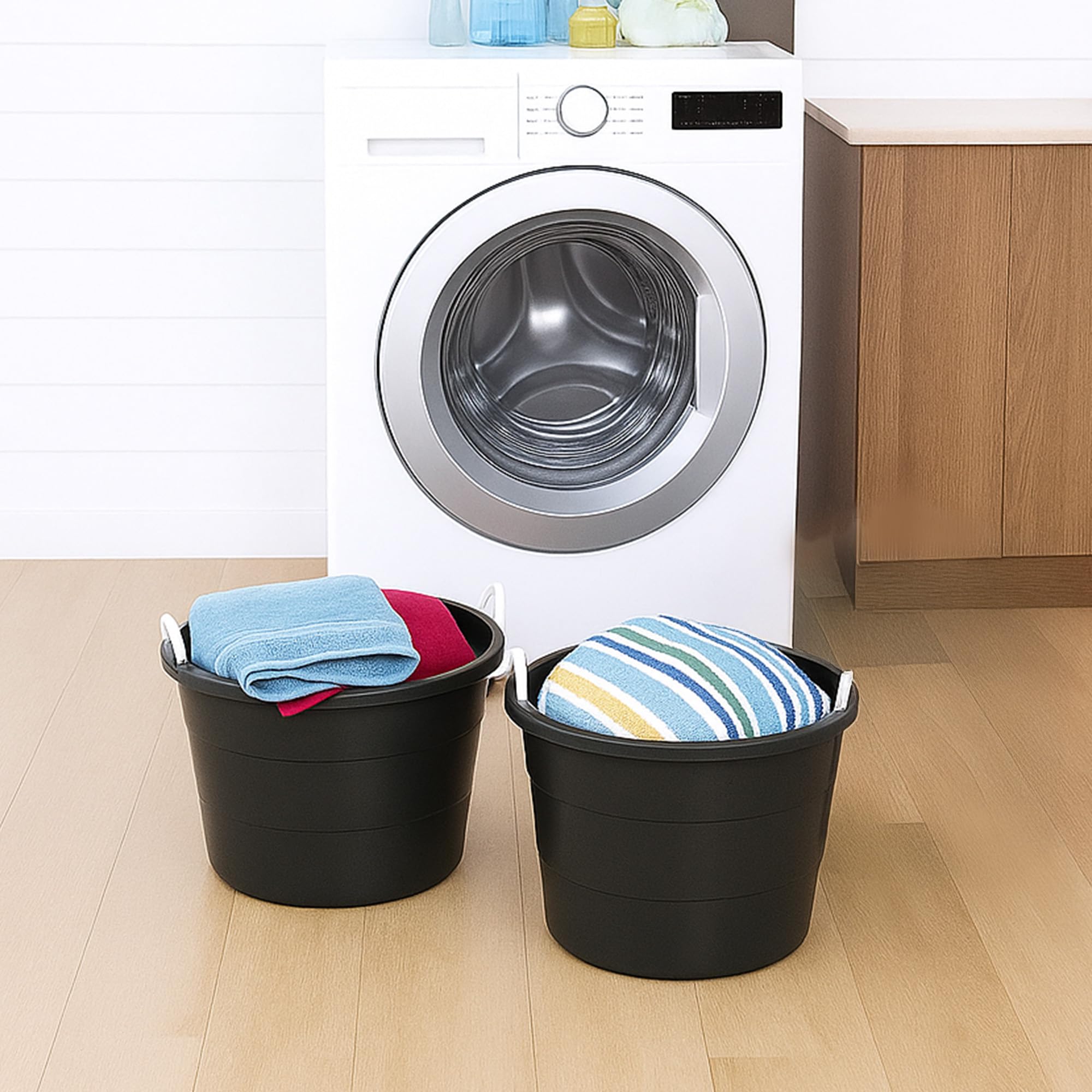 Homz Tina Multiusos de plástico Abierta de 17 galones con Asas de Cuerda para organización del hogar en Interiores o Exteriores, Color Negro (Paquete de 2)