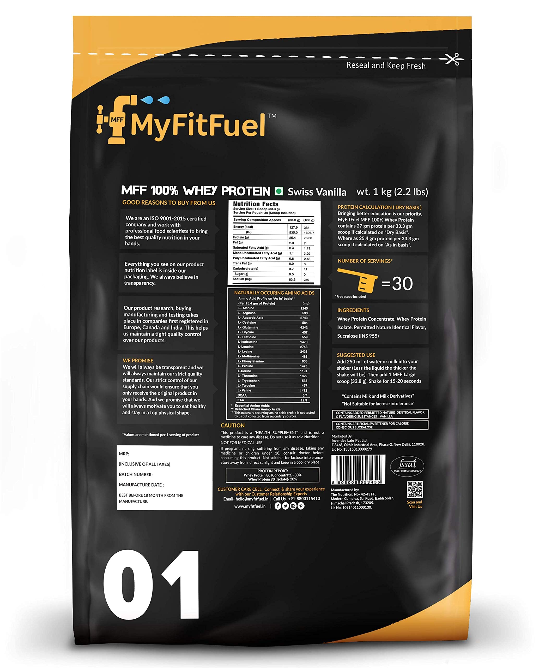 MyFitFuel 100% Whey Protein, 1Kg, 30 Servings (Swiss Vanilla) | Contains Isolate Protein 2