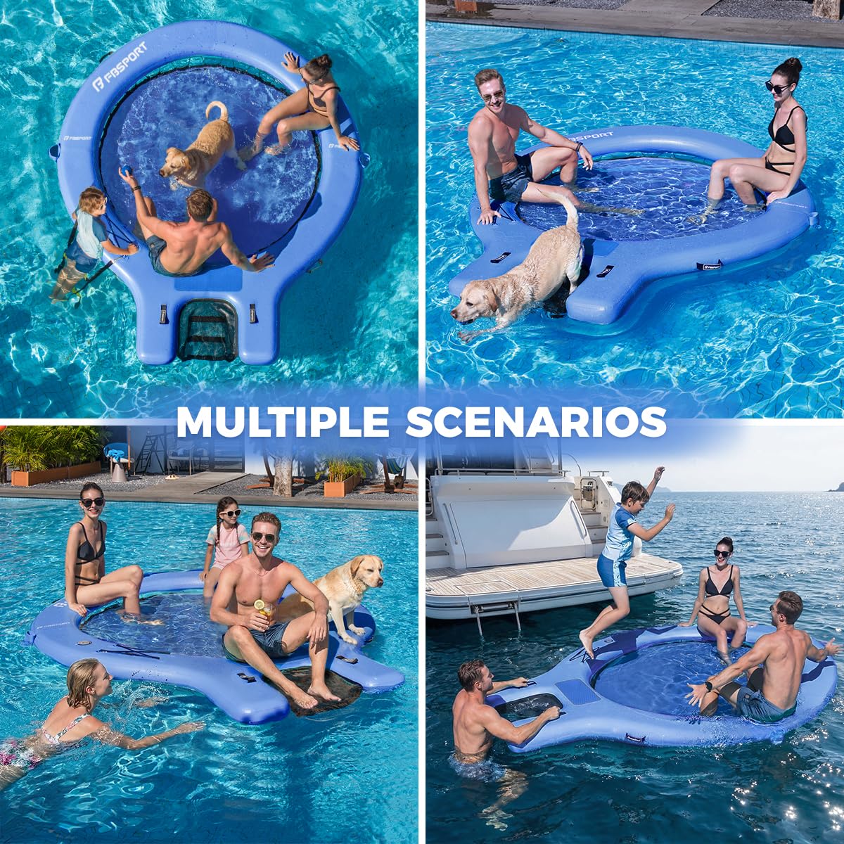 Plateforme Gonflable Flottante Sunchill Rond 240 cm avec Rampe pour Chiens, Hamac Flottant Piscine pour 3 à 5 Personnes, Îlot Flottant Antidérapant avec Échelle, pour Piscine, Plage et Mer